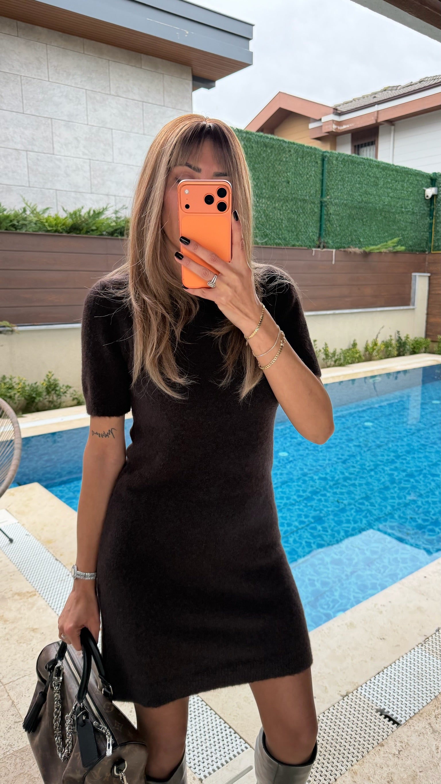 Dilvin Yumoş Triko Elbise Koyu Kahve