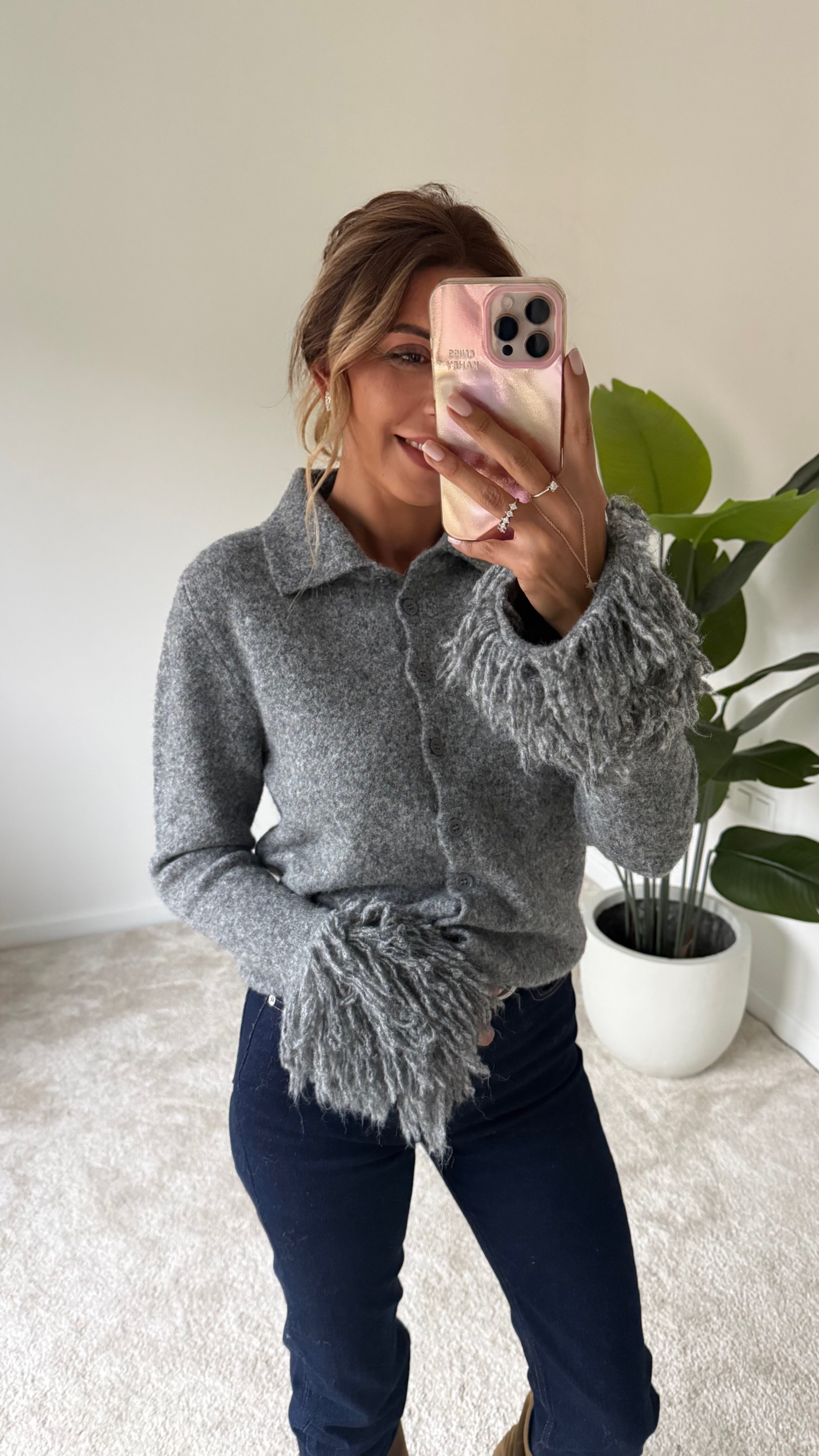 Polo Yaka Kolları Püsküllü Hırka Gri