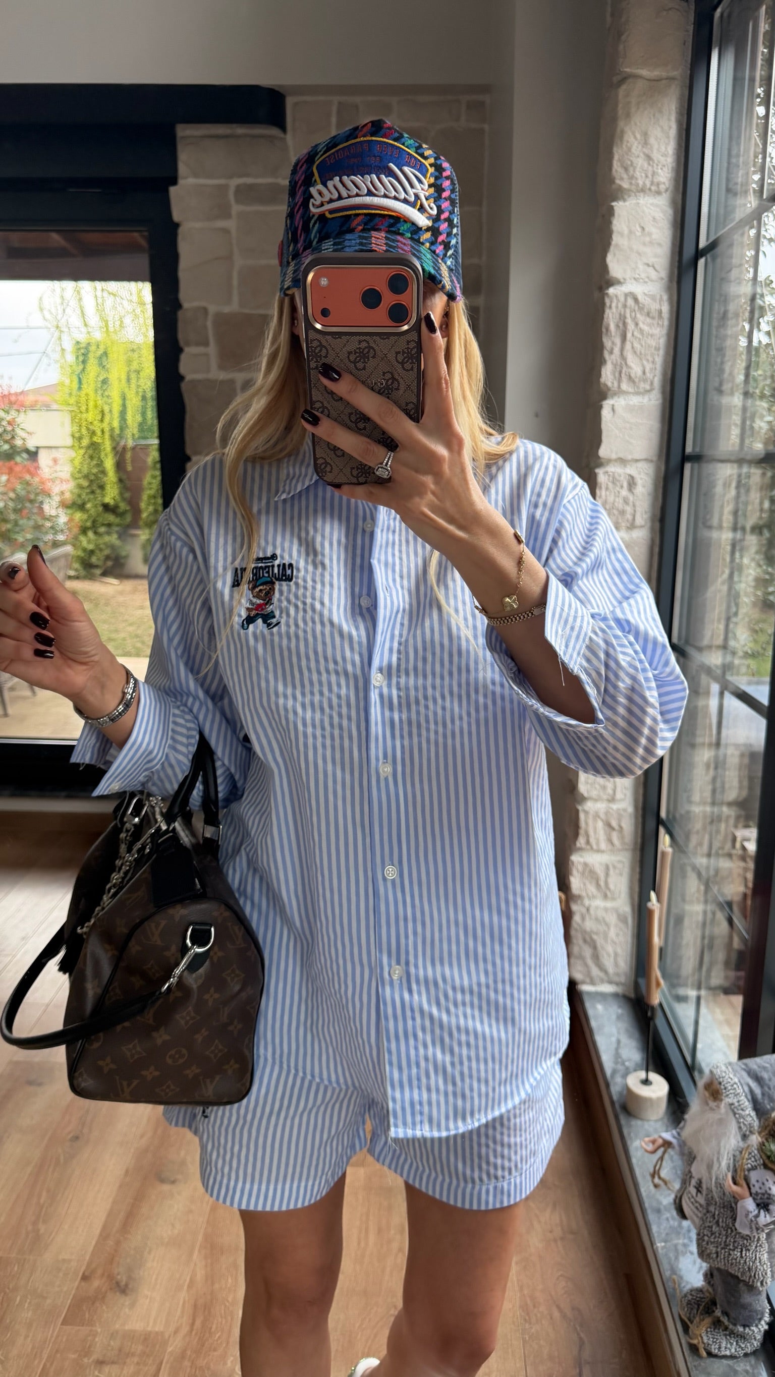 Çizgili Gömlek Şort Takım Mavi