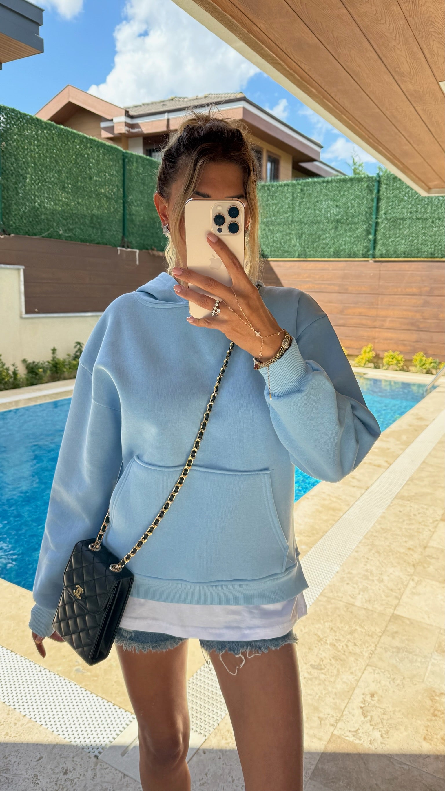 Tişört Detaylı Kapüşonlu Sweatshirt Mavi