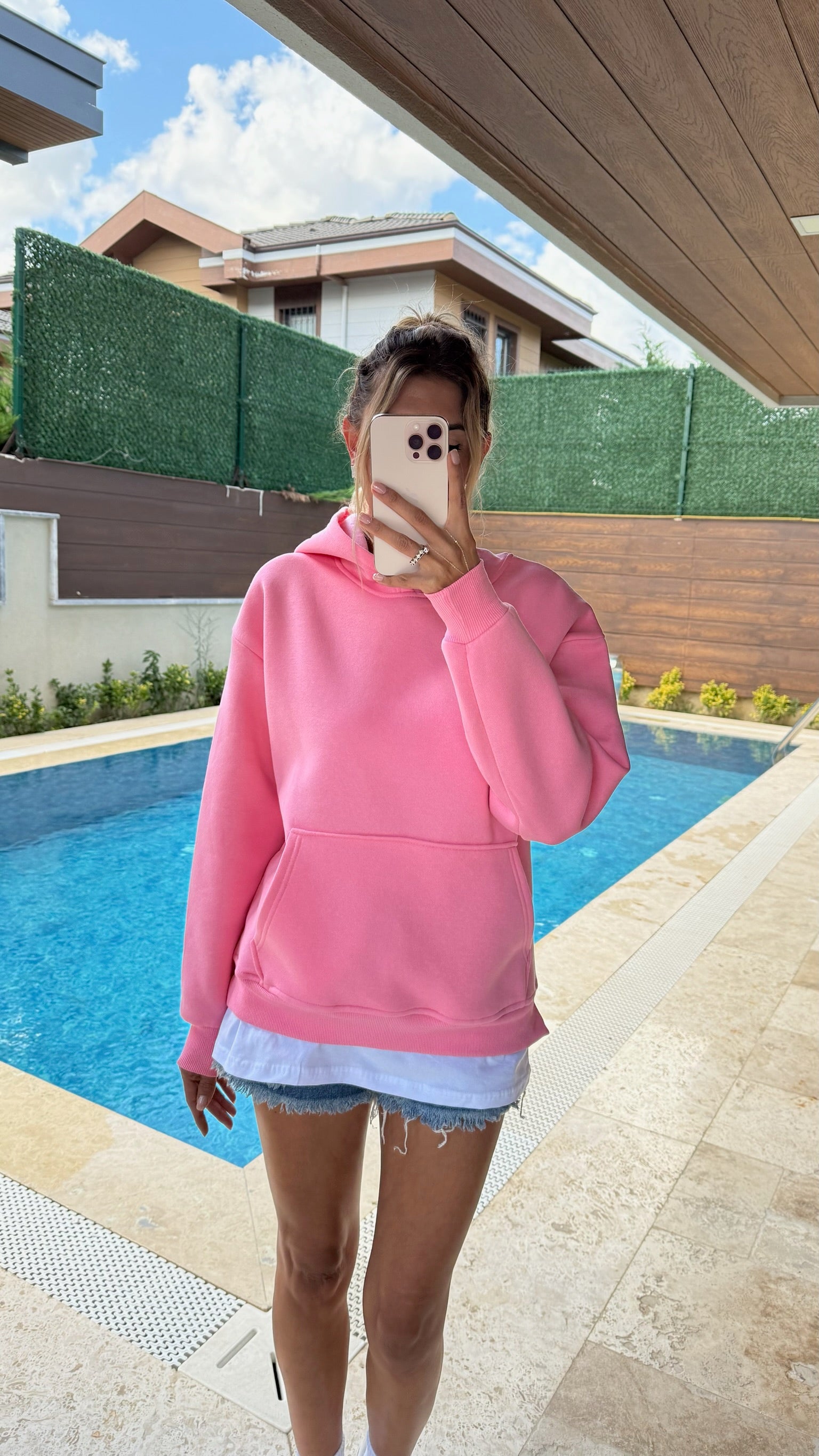 Tişört Detaylı Kapüşonlu Sweatshirt Pembe