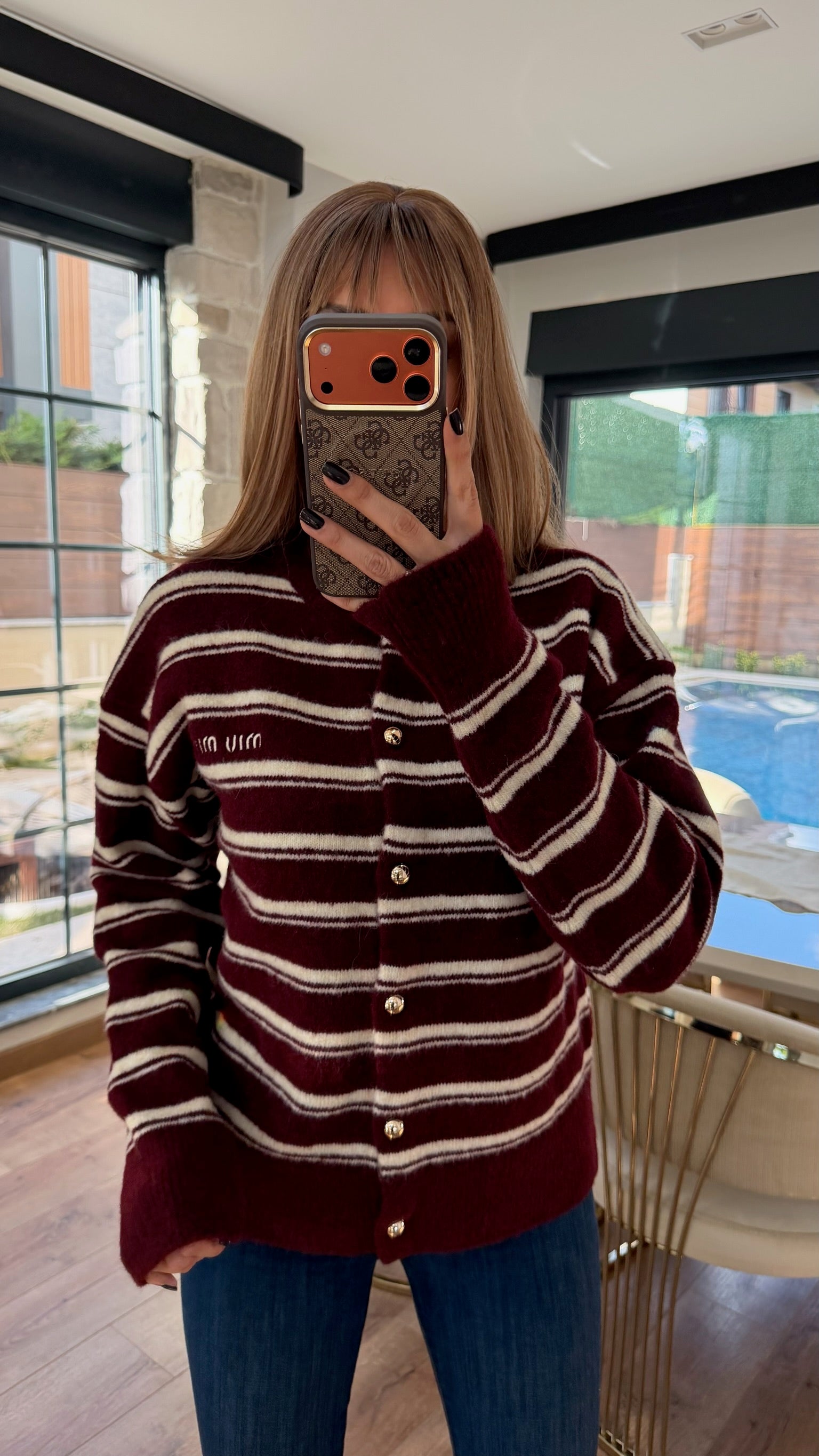 MM Yumoş Gold Düğmeli Şeritli Hırka Bordo