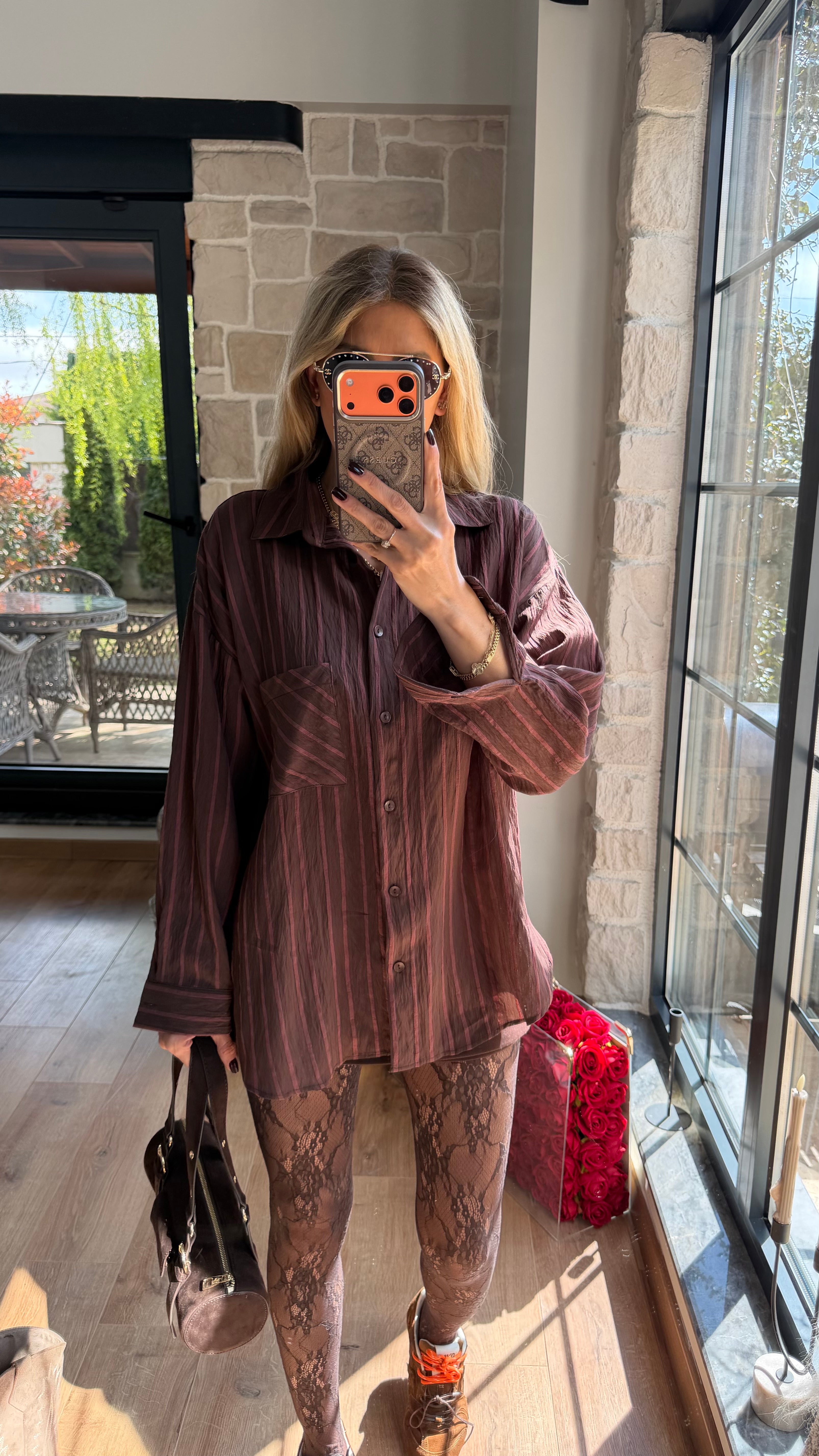 Çizgili Viscon Gömlek Acı Kahve