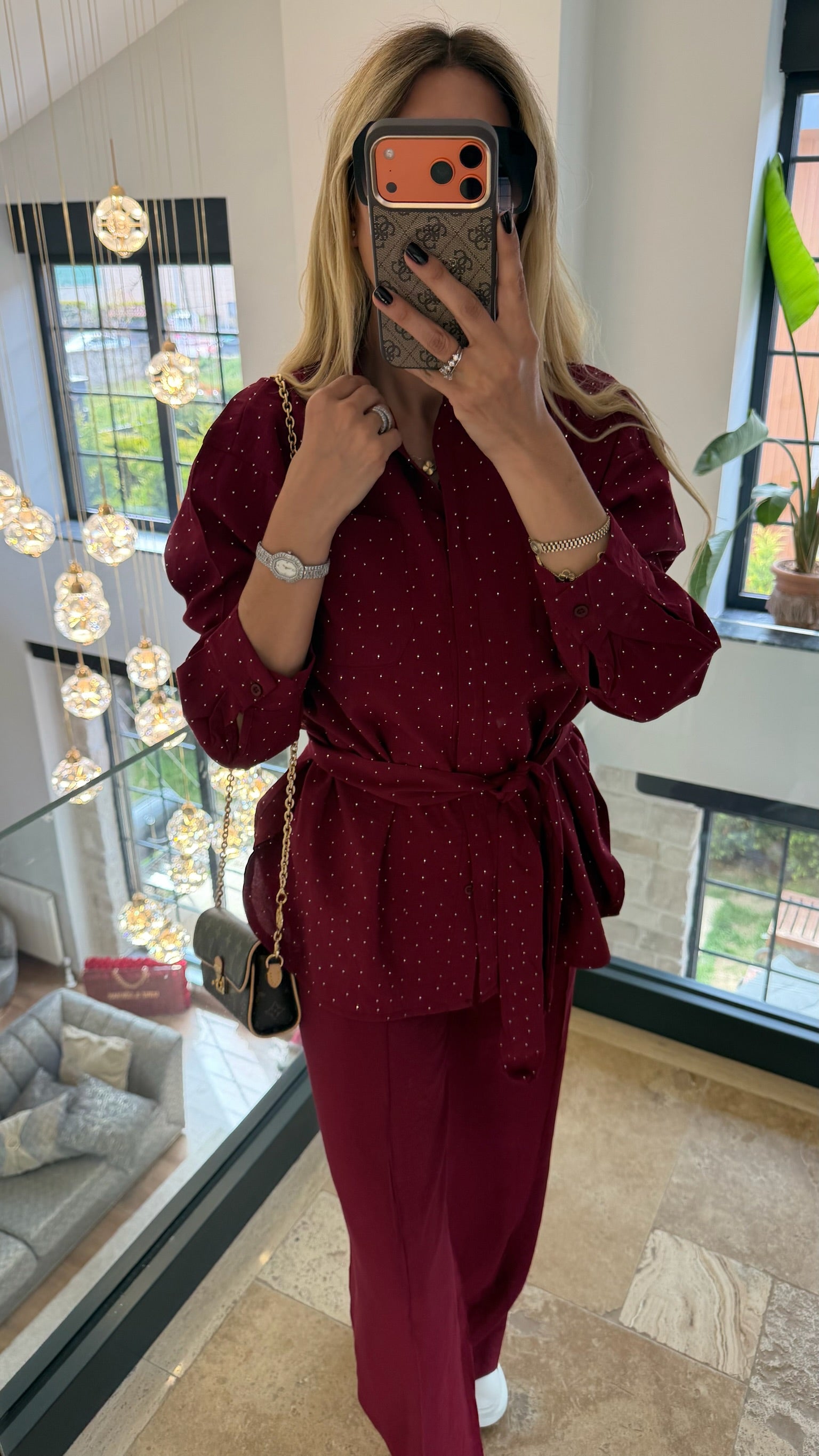 Diamond Taşlı İkili Takım Bordo