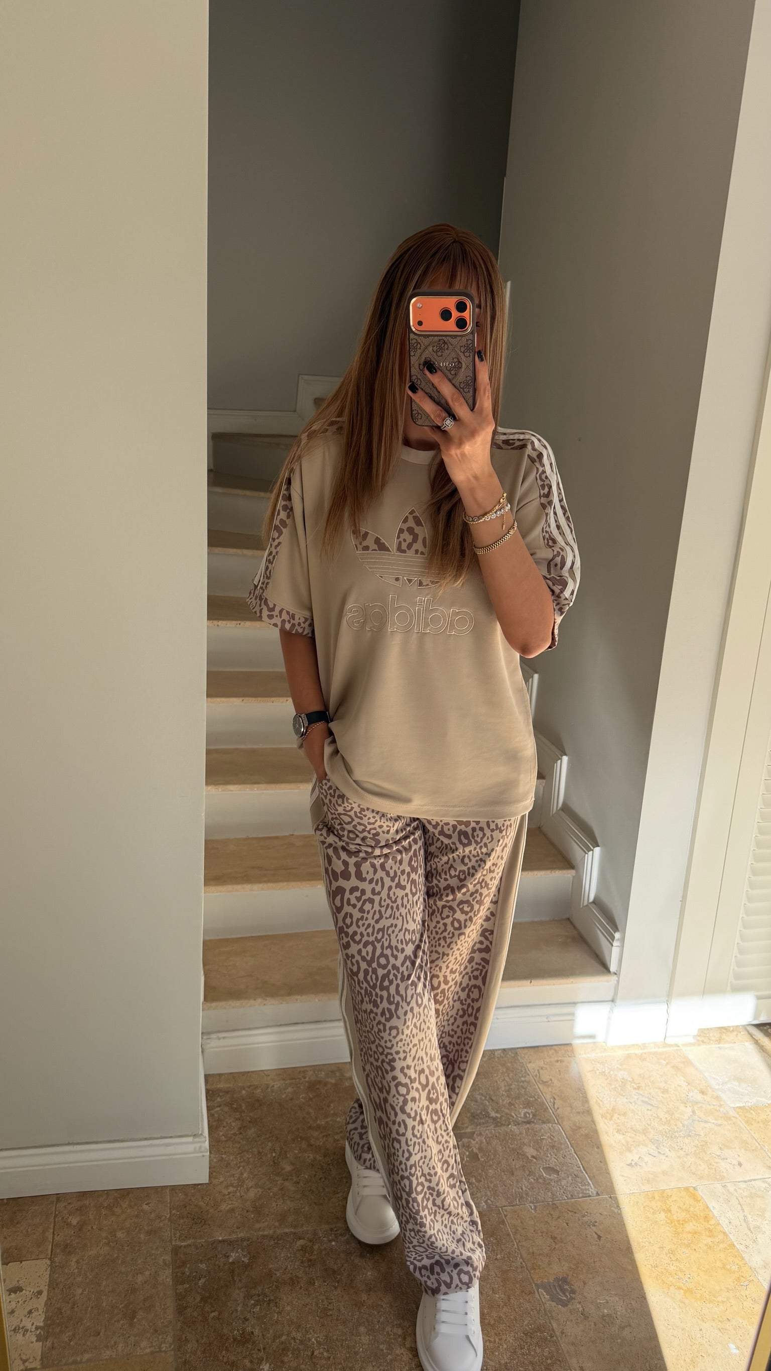 ADS Yan Çizgili Salaş Leopar Tişört Takım Bej