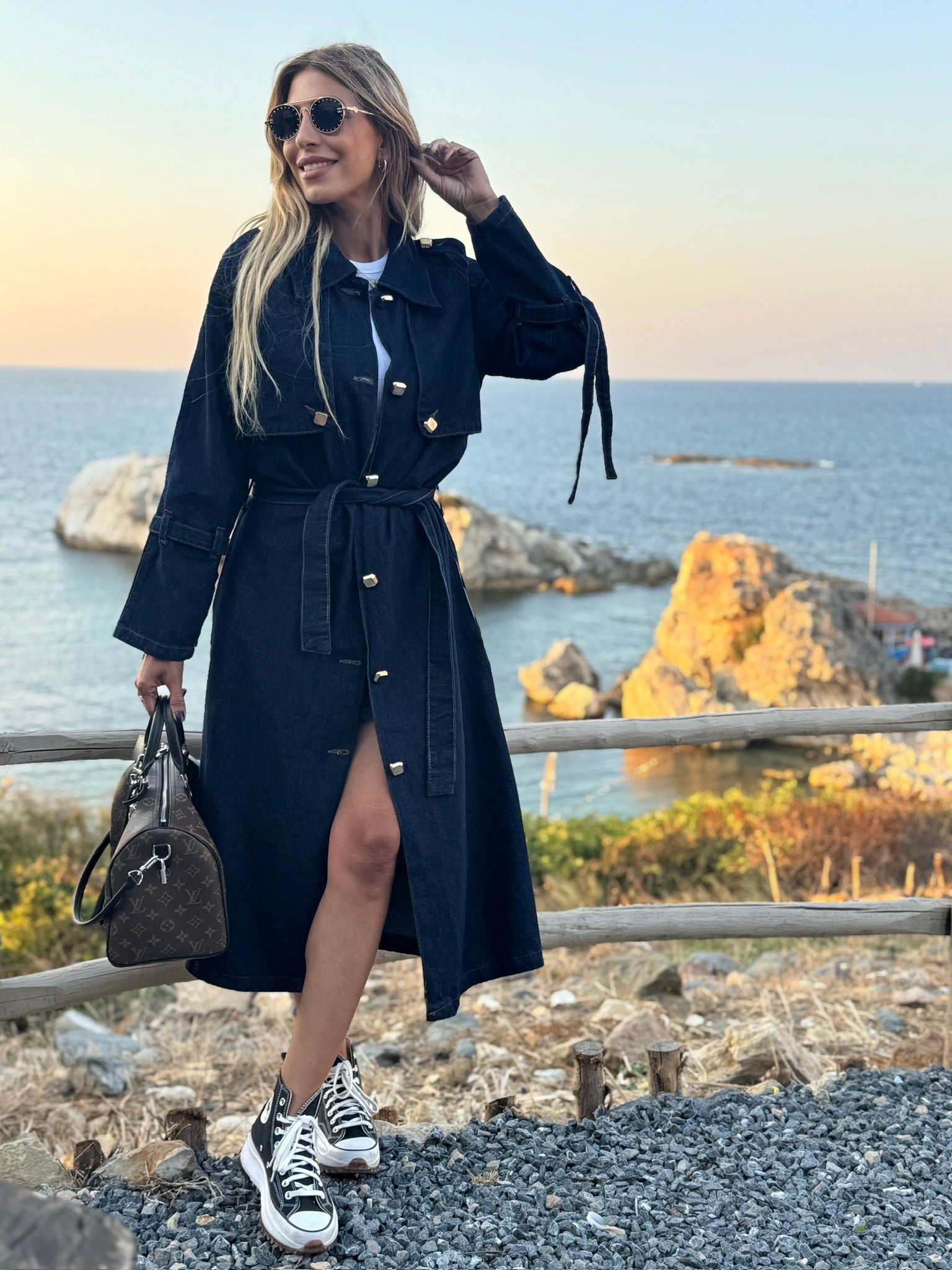 Kemerli Denim Trençkot