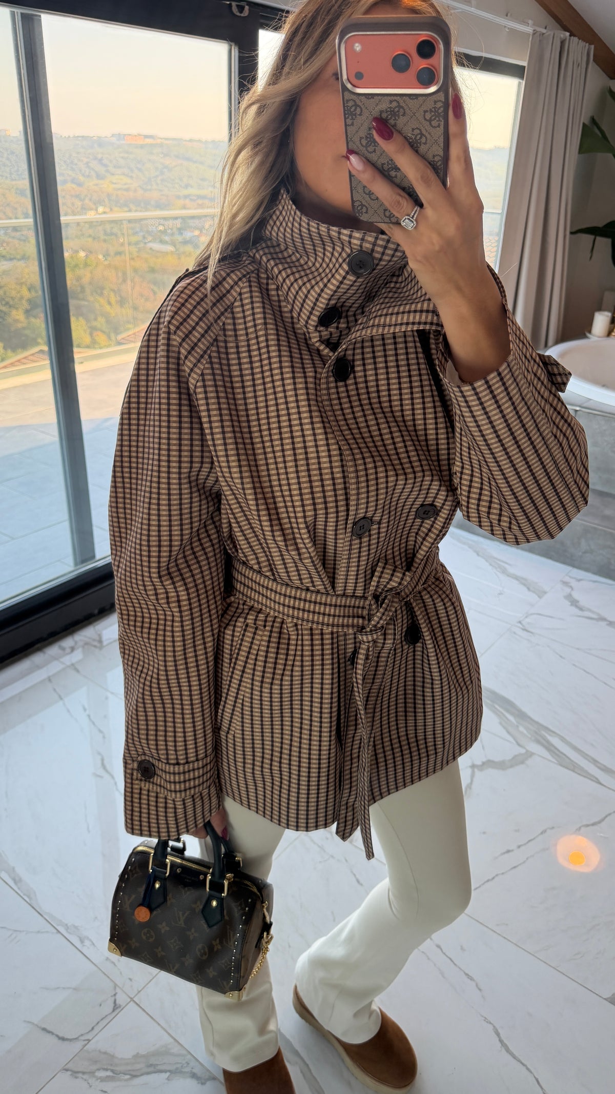Kahverengi Ekose Desenli Kemerli Blazer Ceket