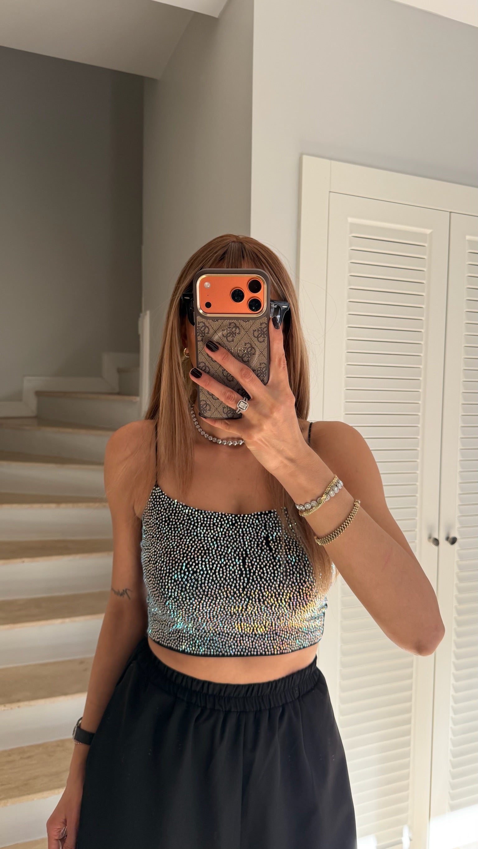 İp Askılı Taş Detaylı Crop Siyah