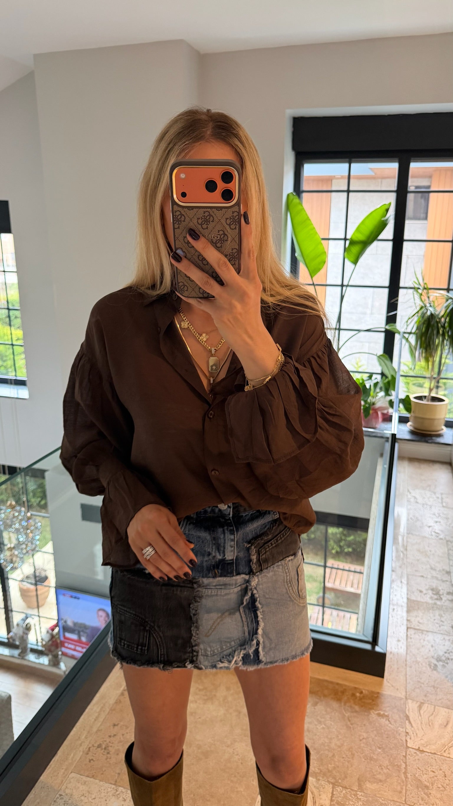 Kol Büzgülü Gömlek Kahverengi