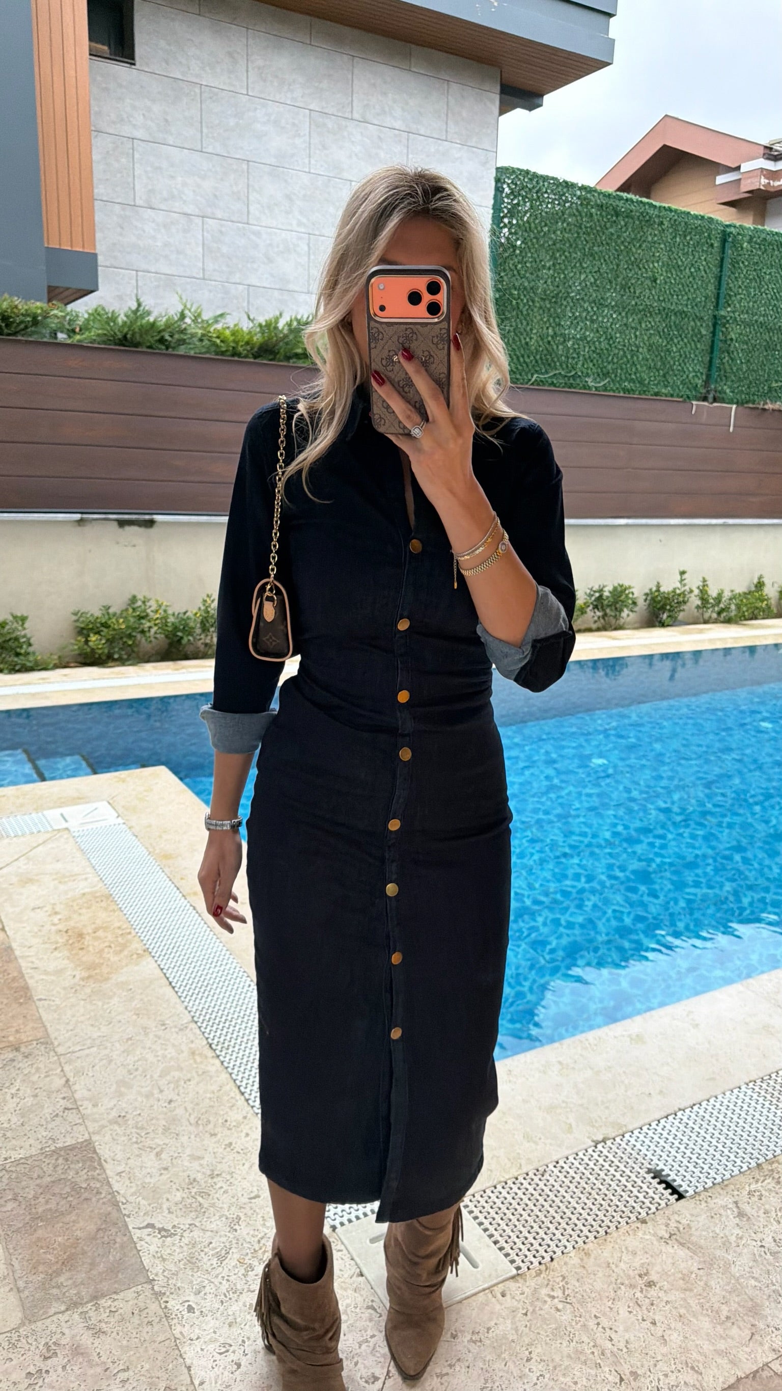 ZR Önü Yırtmaçlı Düğmeli Midi Elbise Lacivert