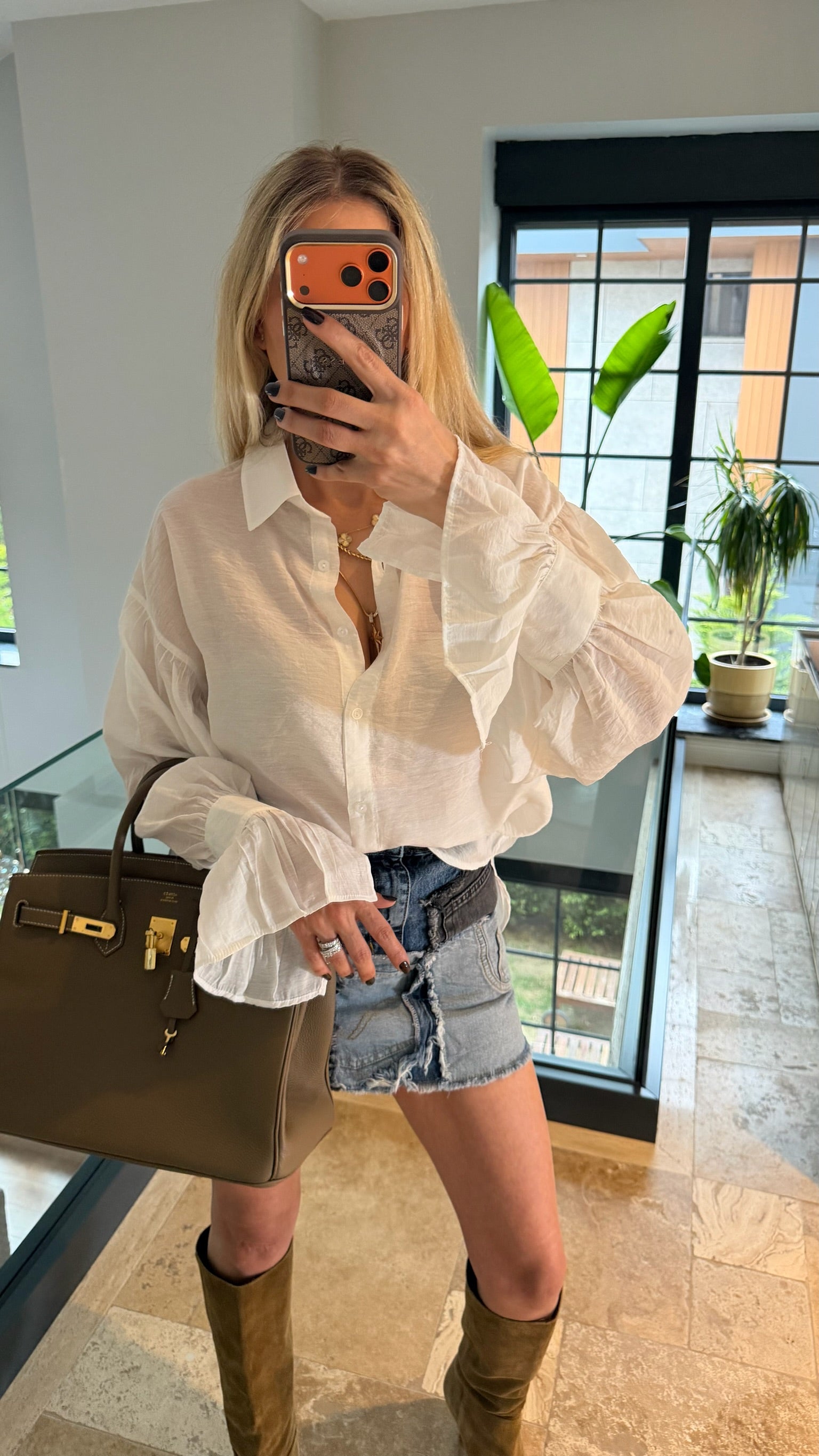 Kol Büzgülü Gömlek Ekru