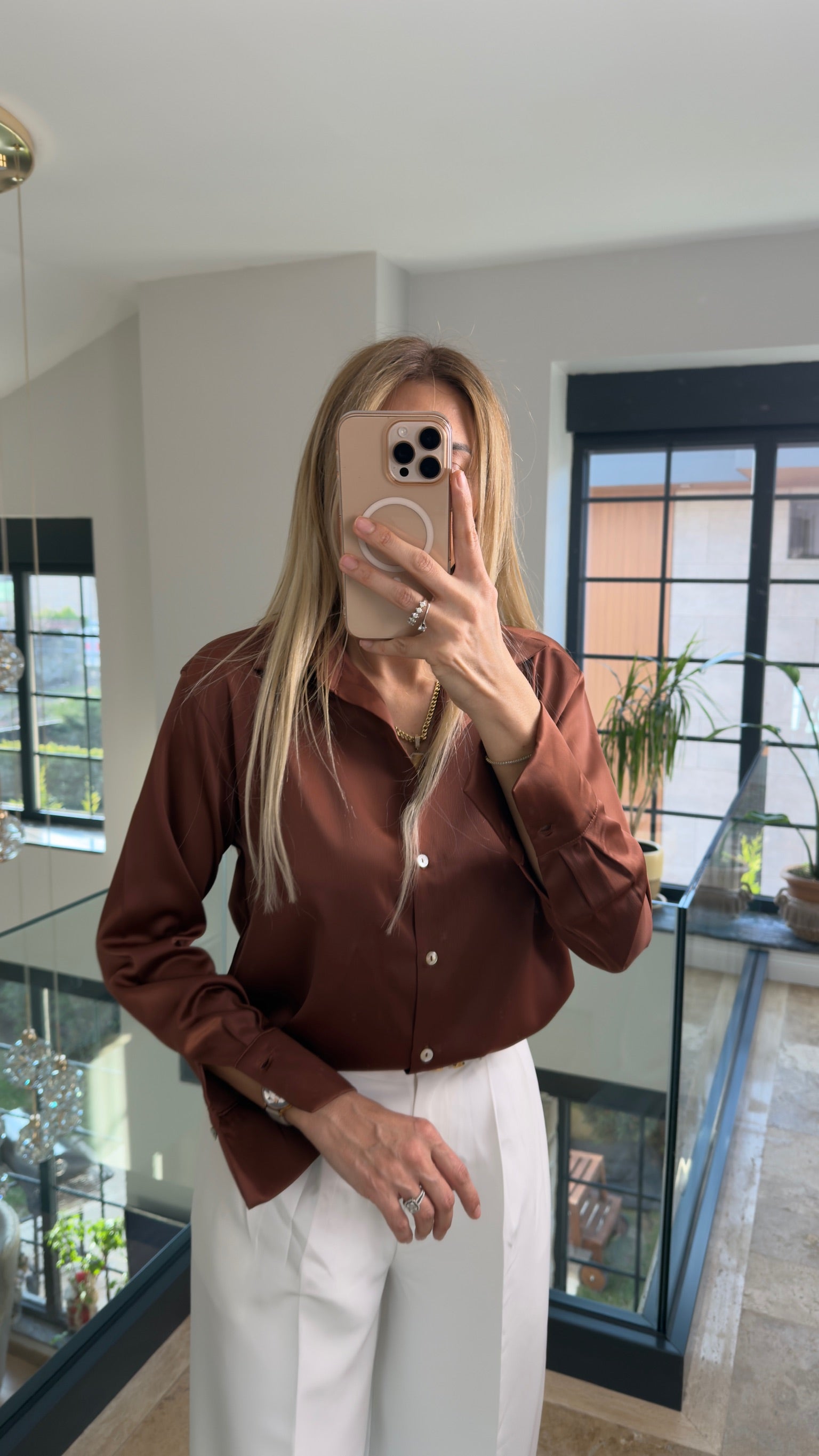 Stery Saten Gömlek Acı Kahve