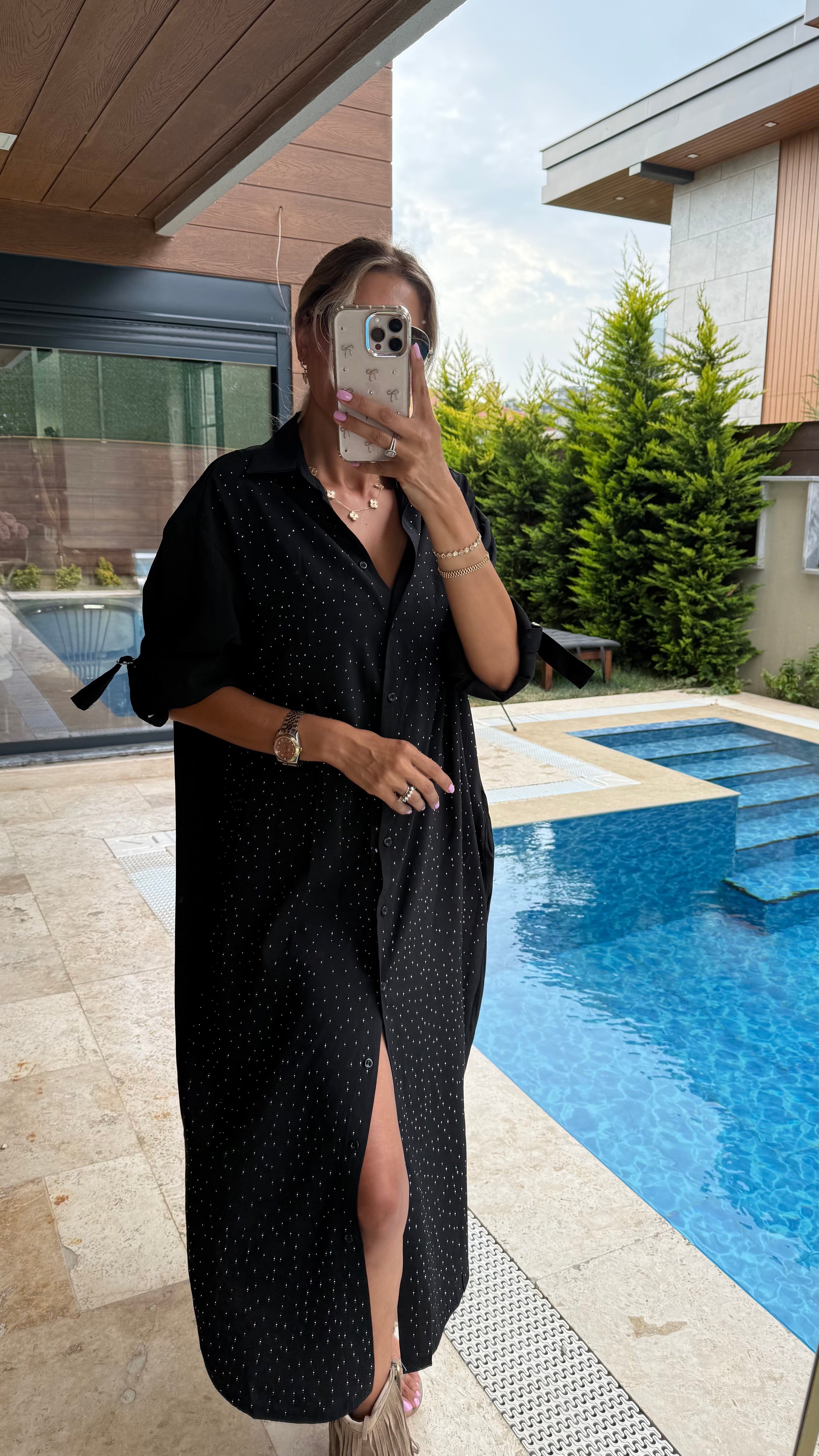 Woal Taş Detaylı Siyah Gömlek Elbise