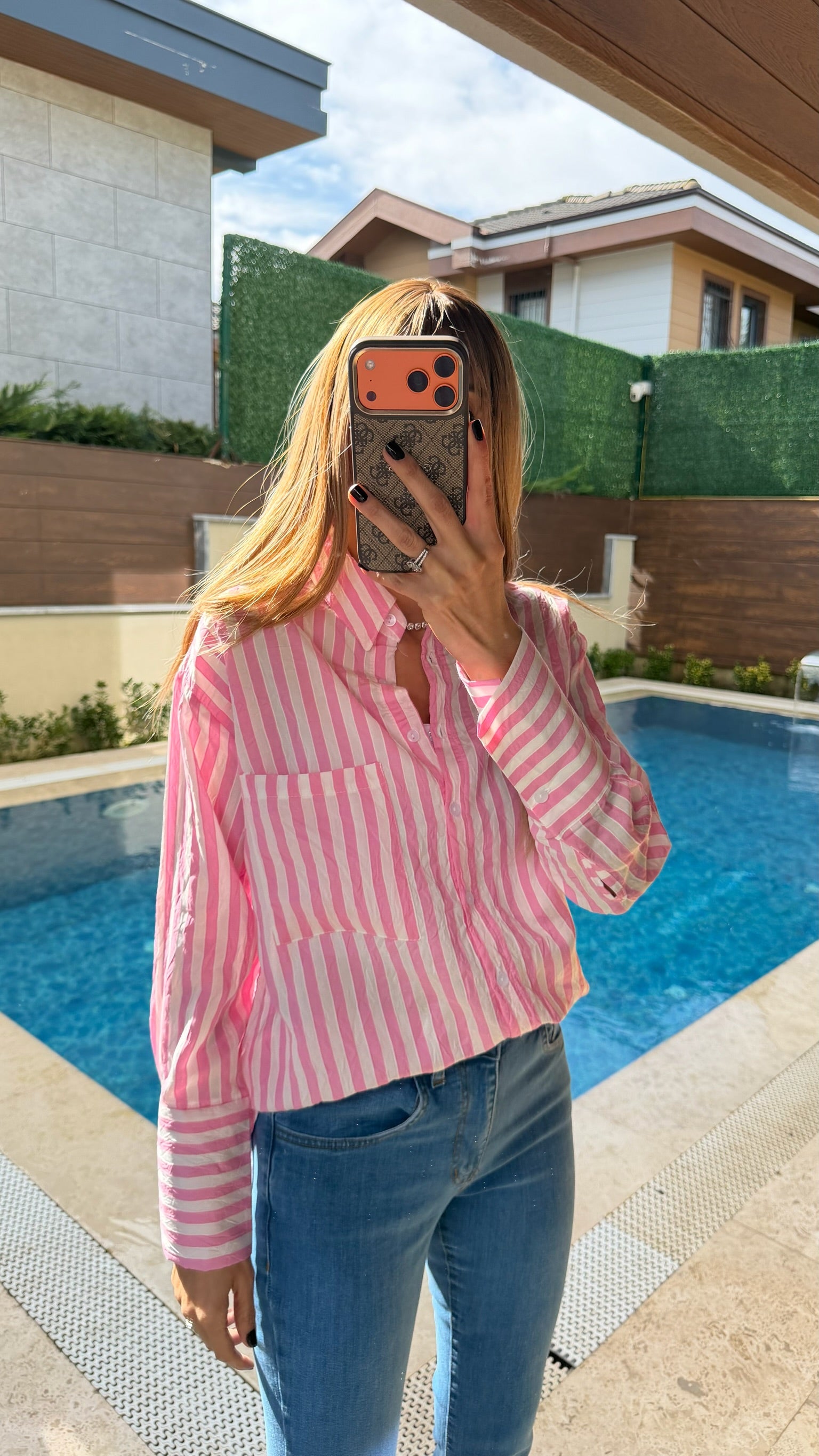 Kalın Çizgili Uzun Kol Gömlek Pembe