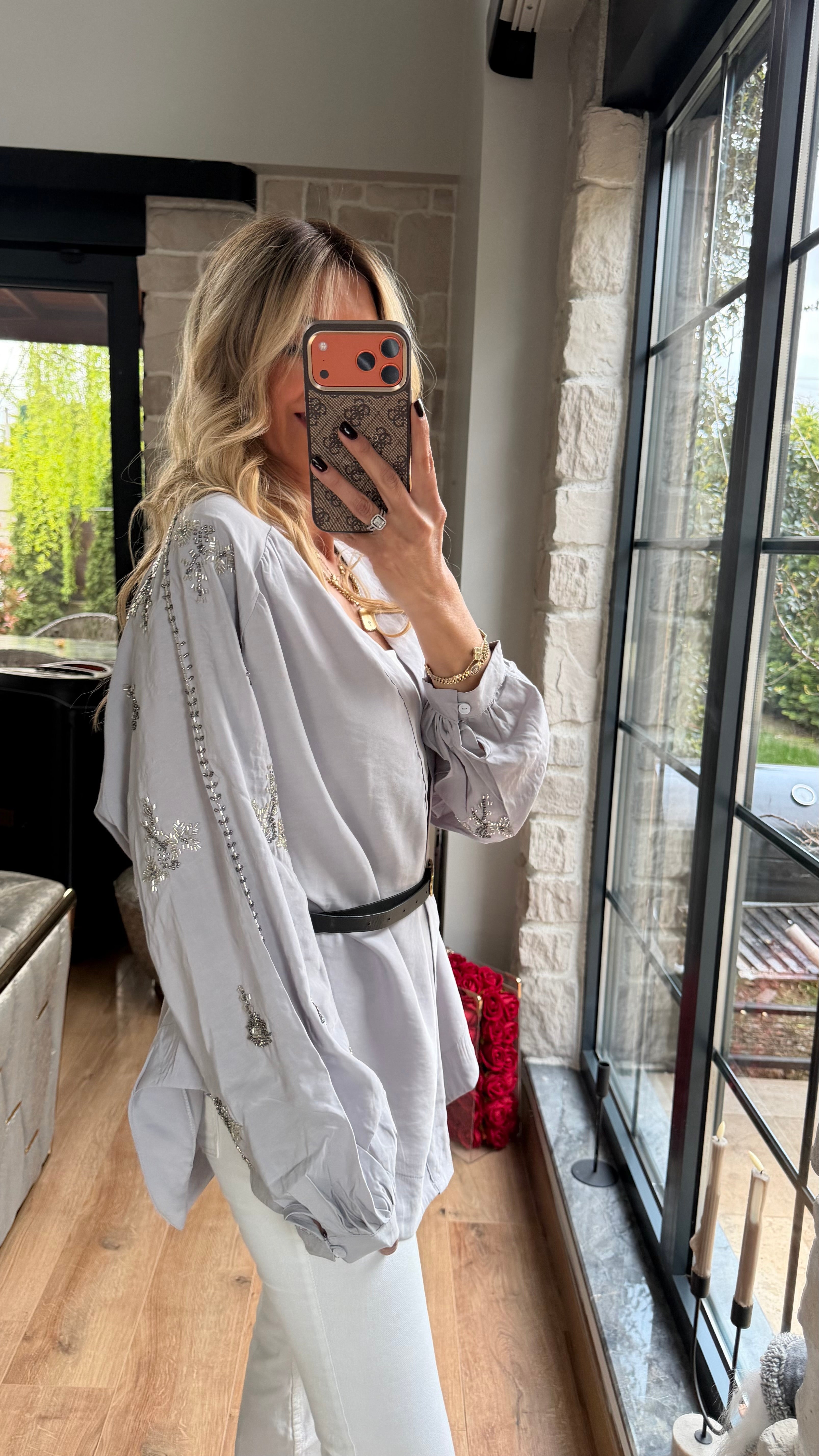 Nakış Detaylı İthal Tasarım Kimona Gri