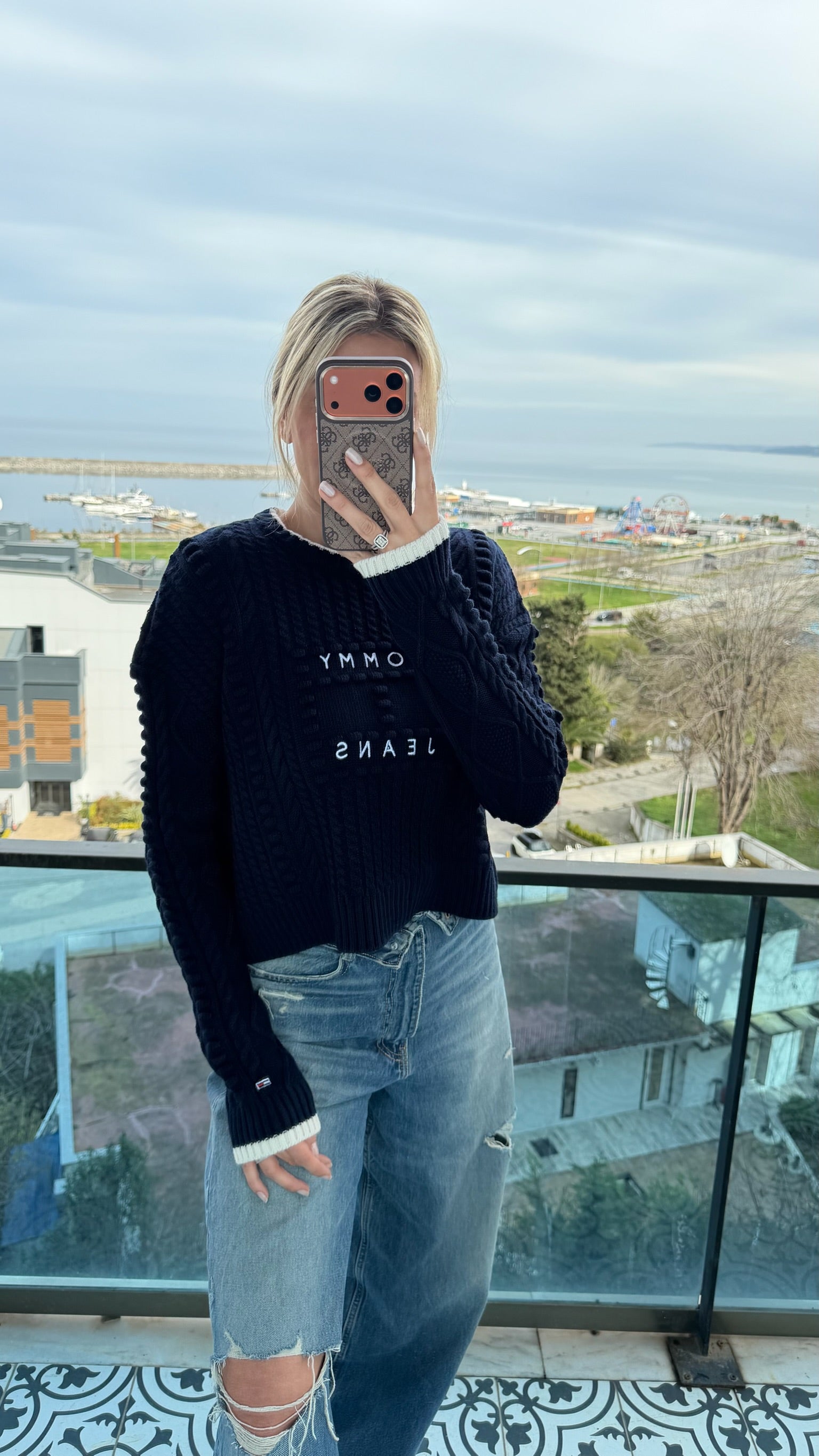 TJ İthal Bobble Desenli Lacivert Kazak