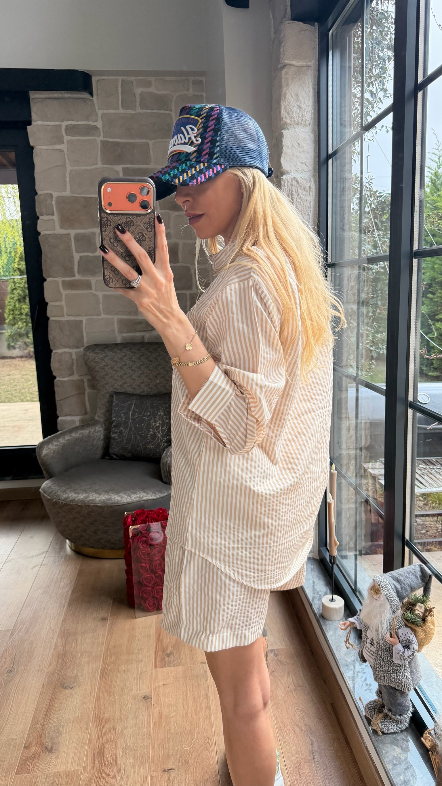 Çizgili Gömlek Şort Takım Krem / Sütlü Kahve