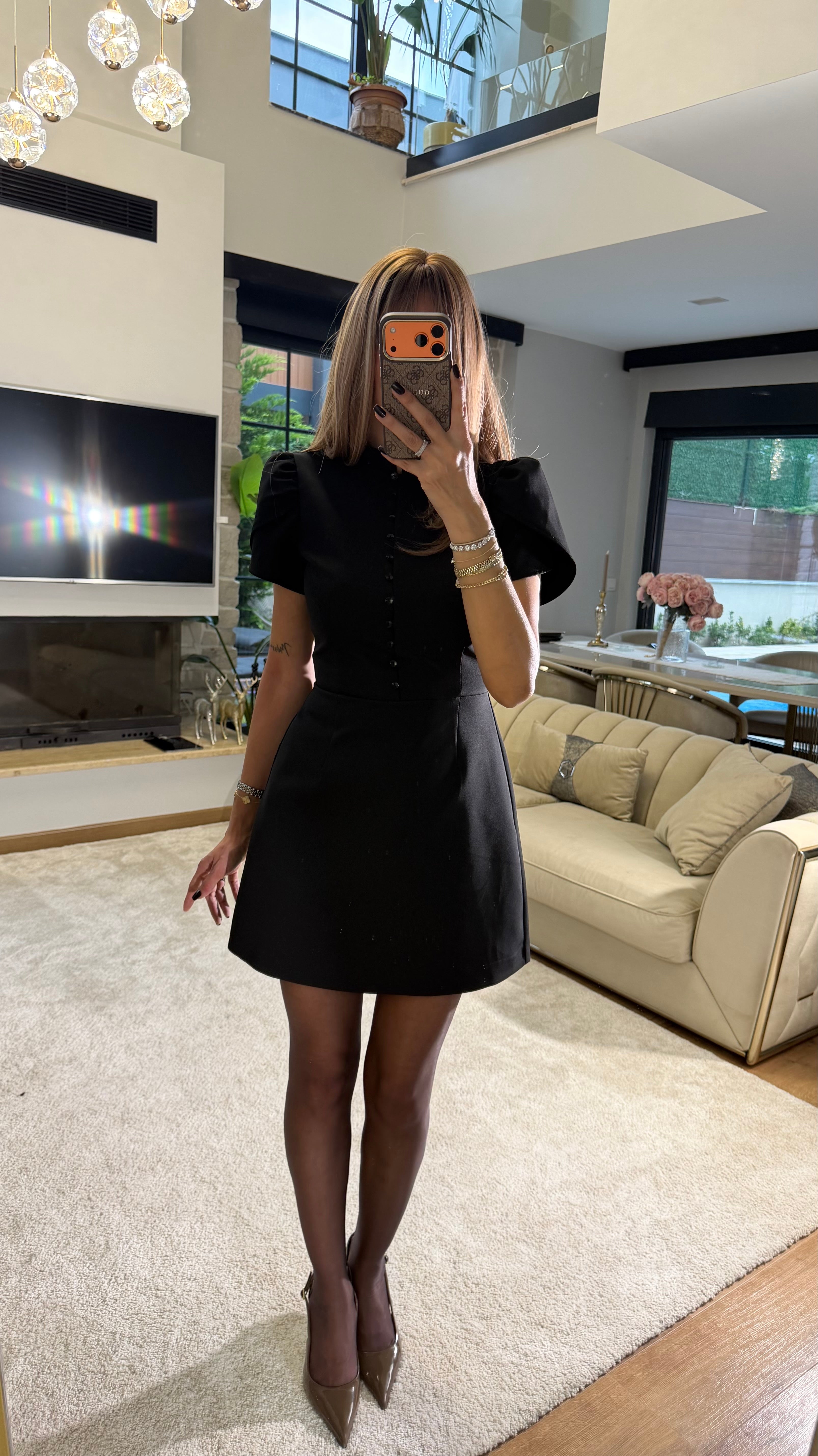 Brit Düğme Detaylı Mini Elbise - Siyah