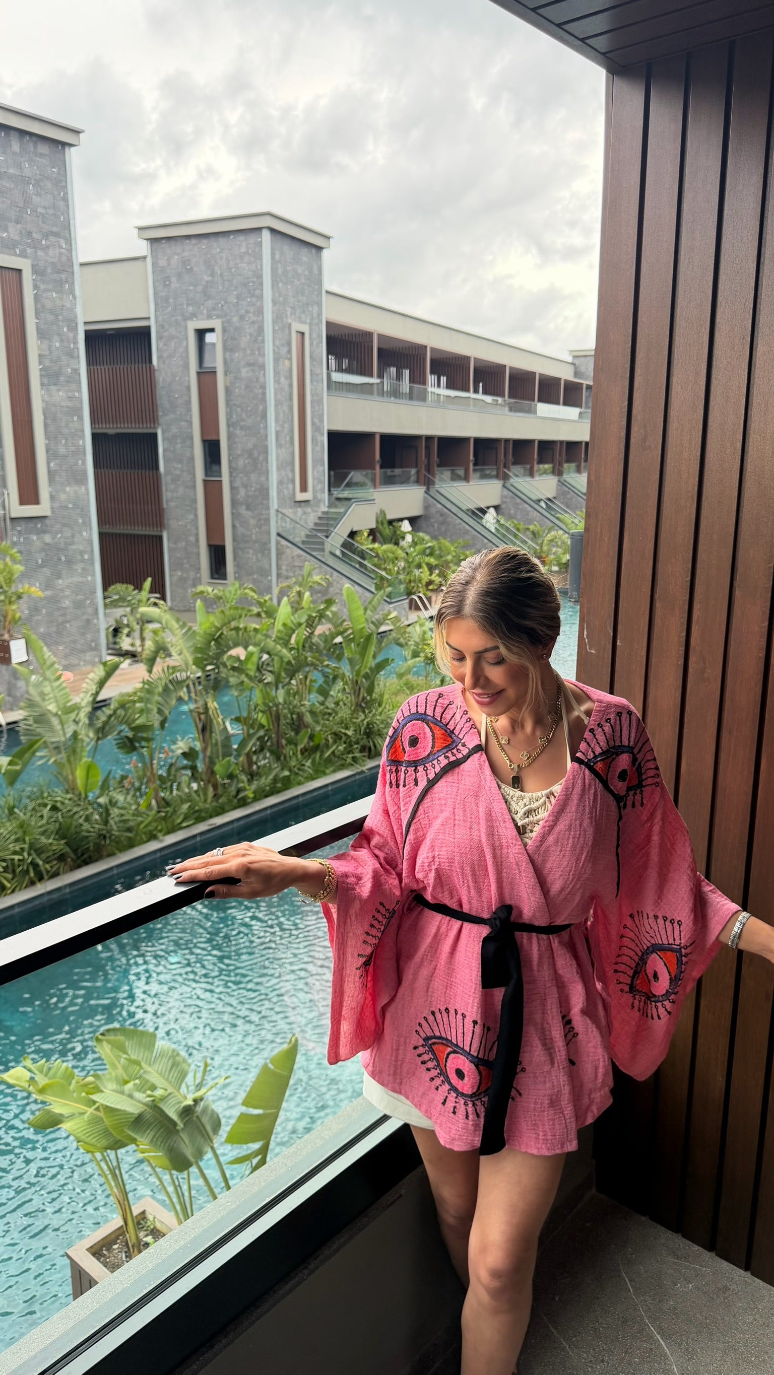 Duru Pamuk Dokuma Taş Baskı Pembe Kimono
