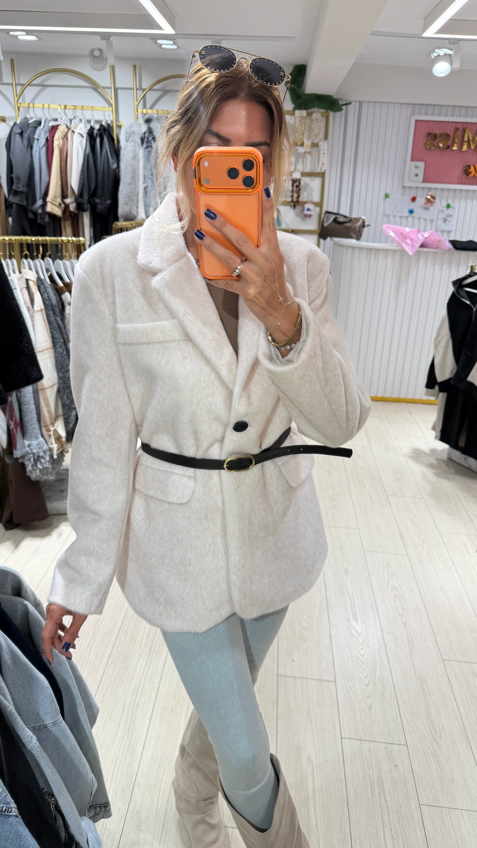 Premium Kalite Kemerli Ekru Peluş Blazer Ceket