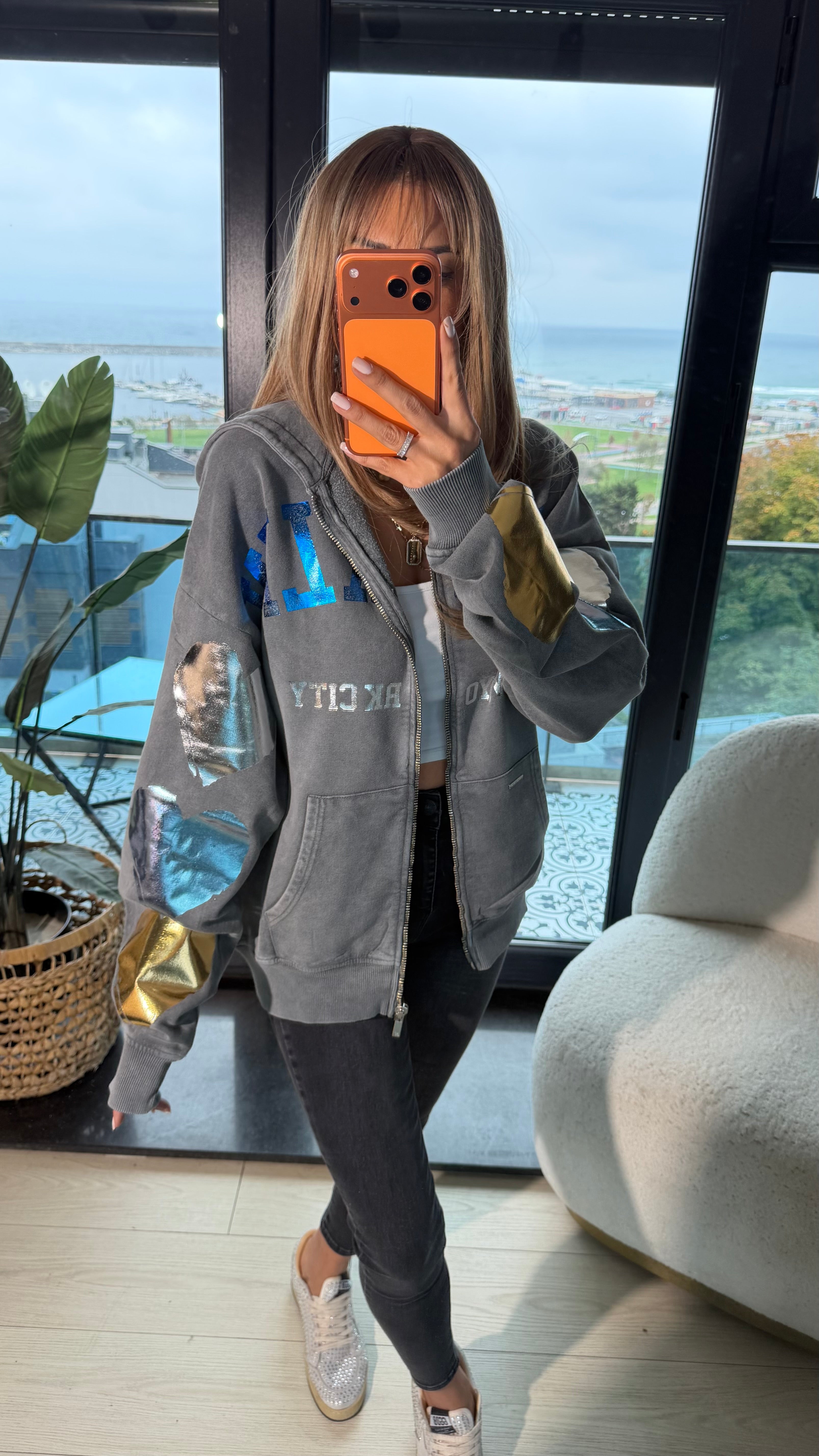 Baskı Kalp Detaylı Fermuarlı Kapjüşonlu Sweatshirt