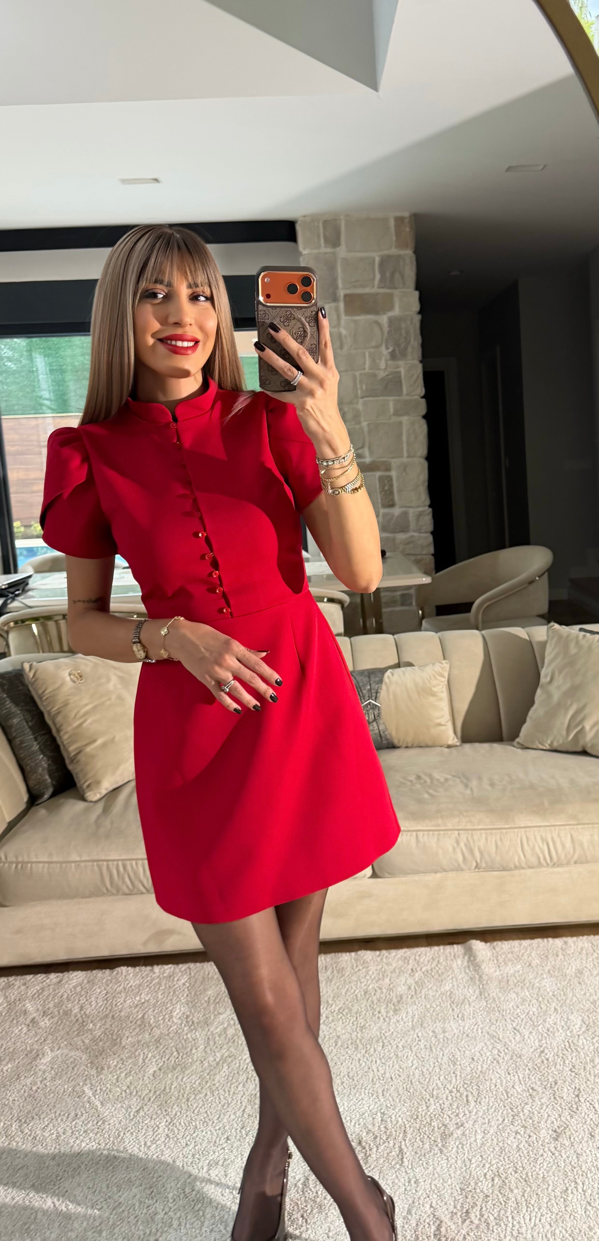 Brit Düğme Detaylı Mini Elbise - Kırmızı