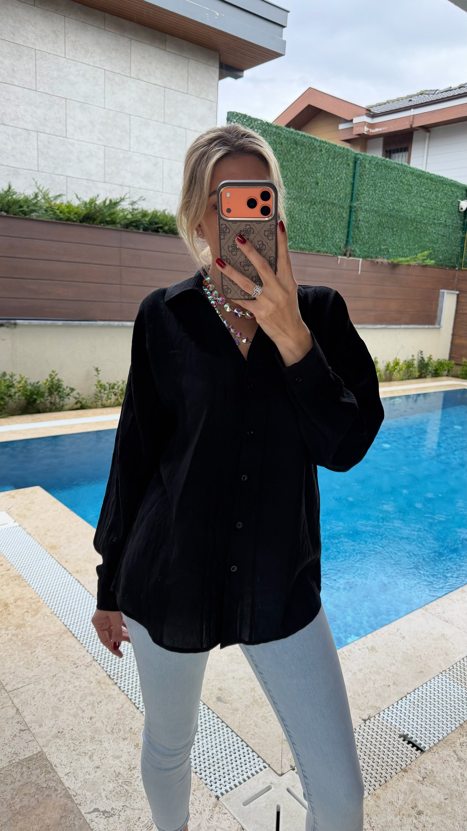 Kendinden Desenli Transparan Gömlek Siyah