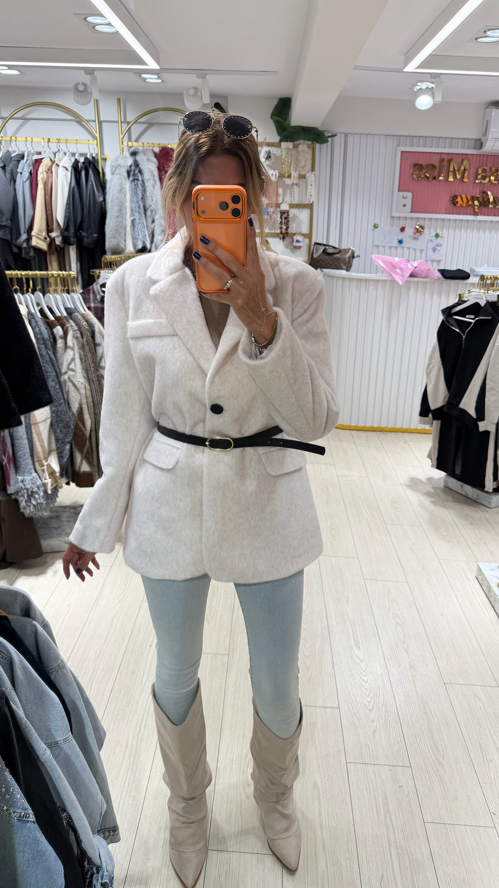 Premium Kalite Kemerli Ekru Peluş Blazer Ceket