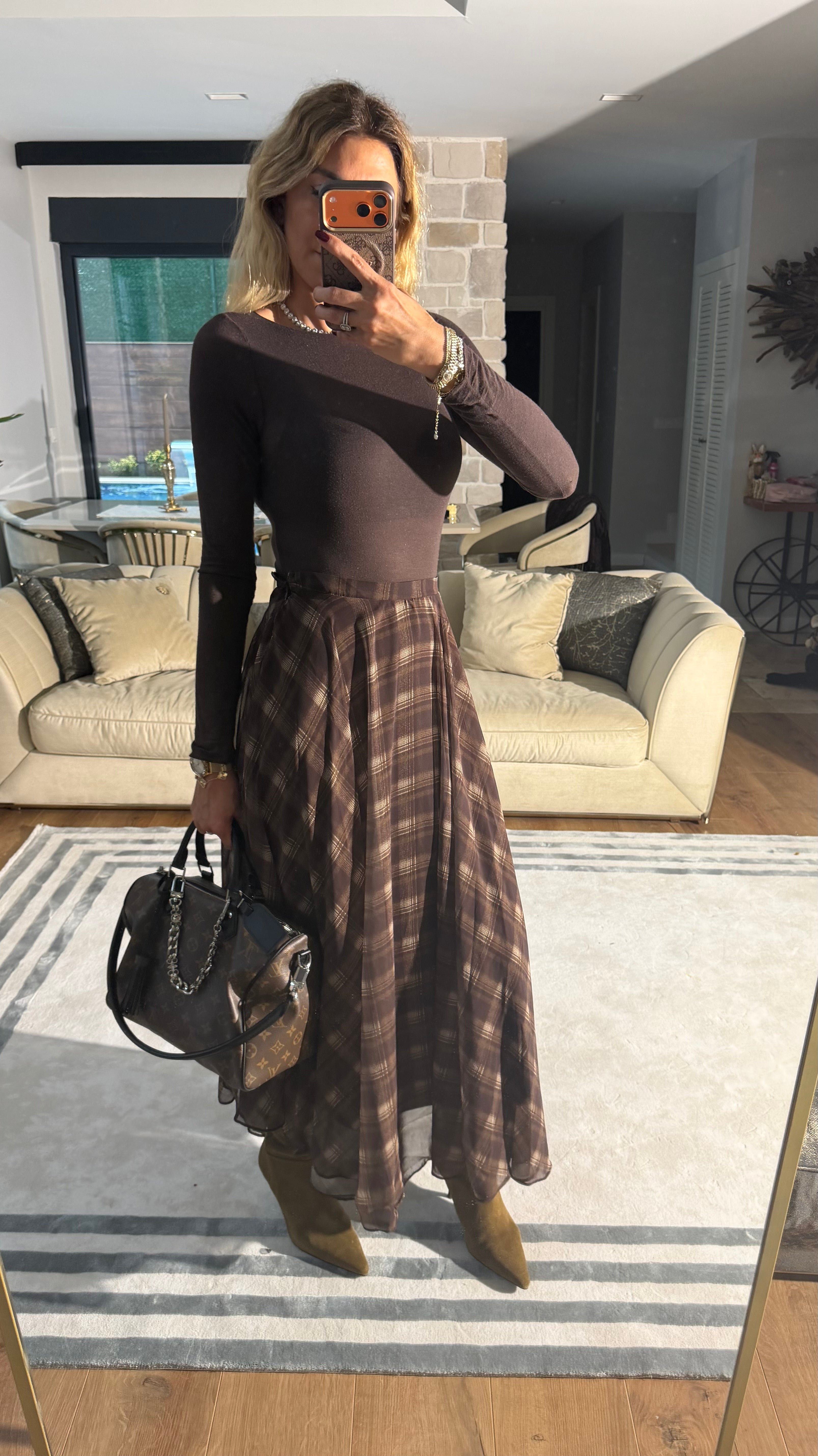 Ekose Desenli Şifon Etek