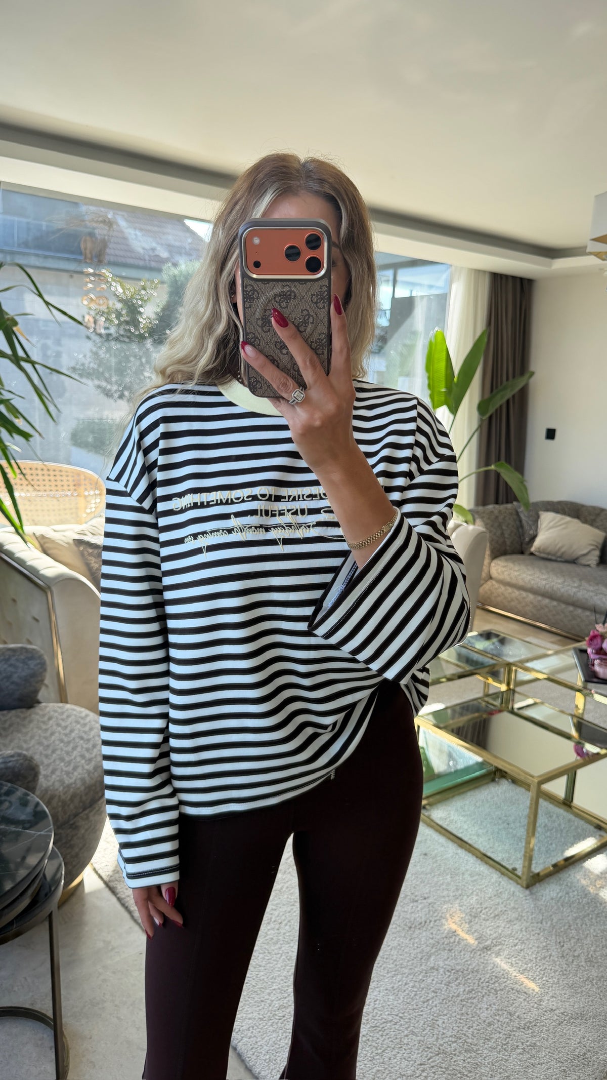 Mimoza Çizgili Yazı Detaylı Sarı Sweat