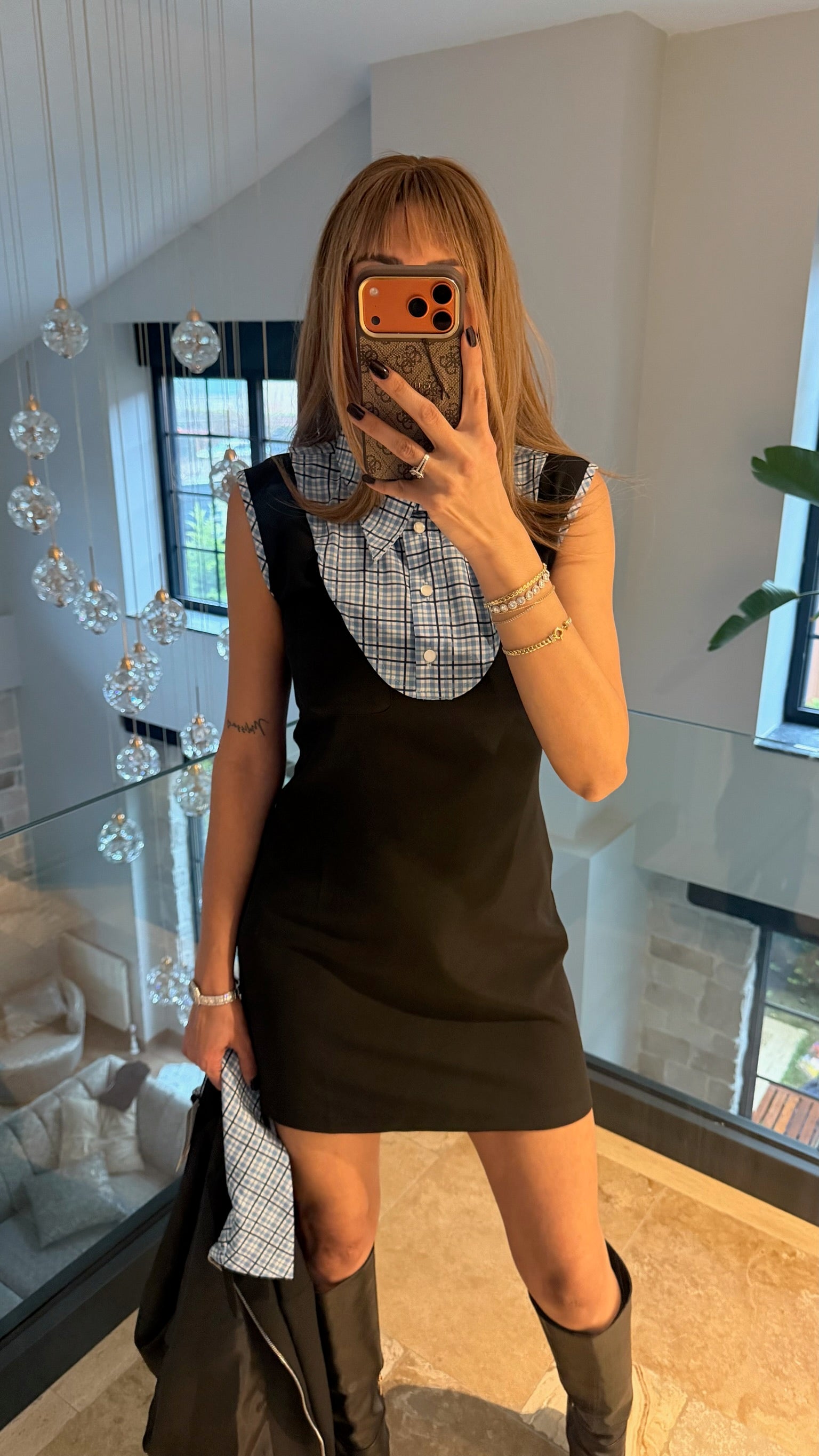 Ekose Yakalık Elbise Ceket Takımı Siyah