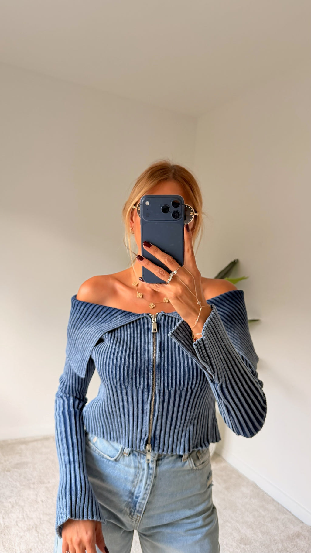 DİLVİN TRİKO Fermuar Detaylı Bluz Mavi