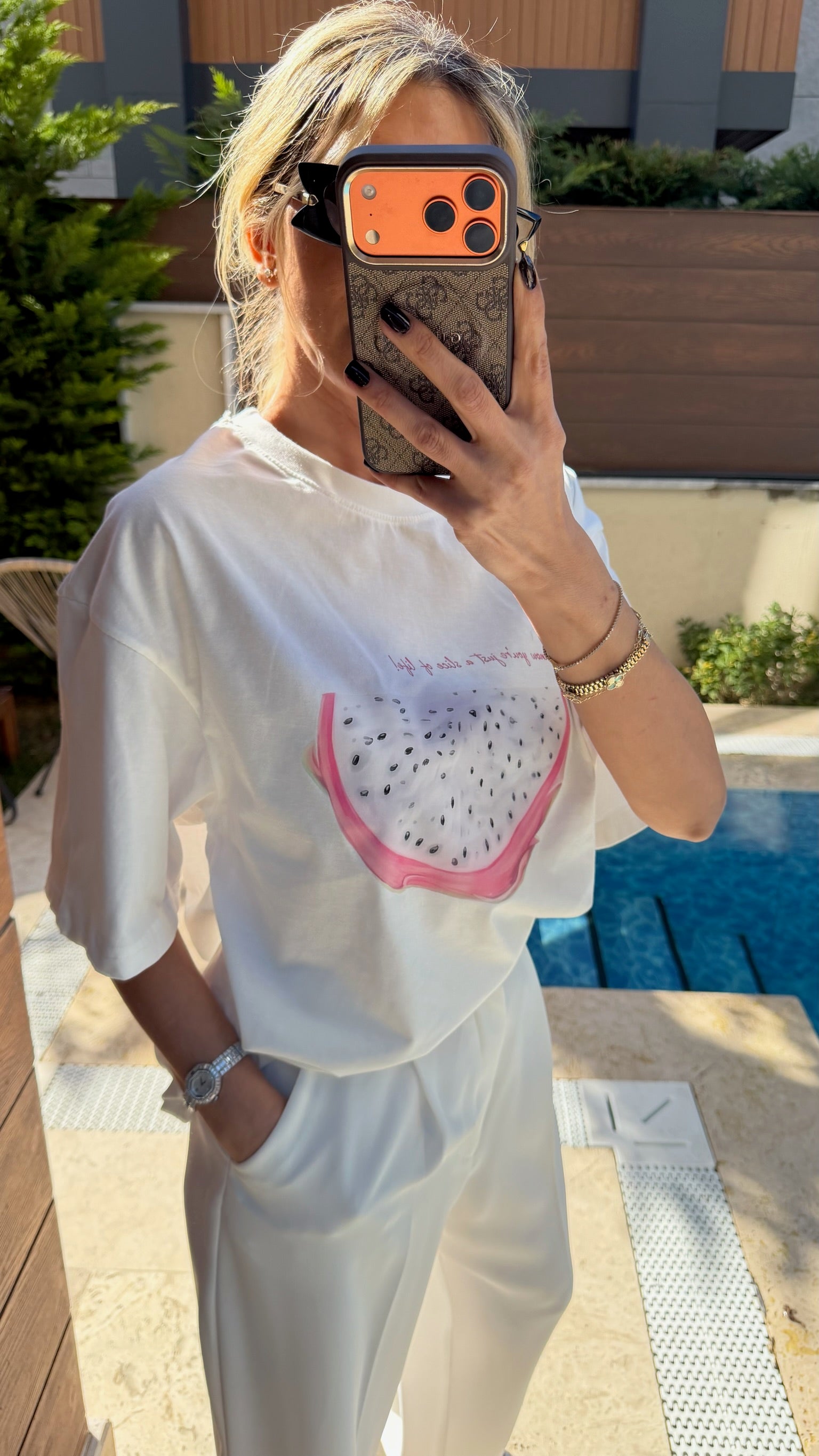 Meyve Baskılı Oversize Tişört Beyaz