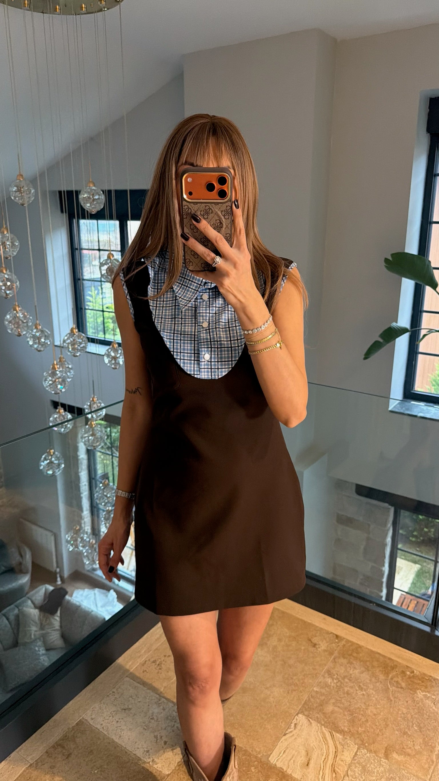 Ekose Yakalık Elbise Ceket Takımı Kahverengi