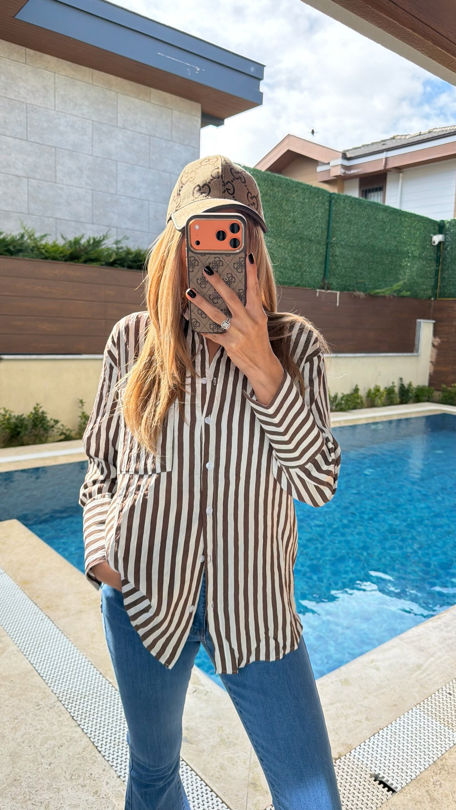 Kalın Çizgili Uzun Kol Gömlek Kahverengi