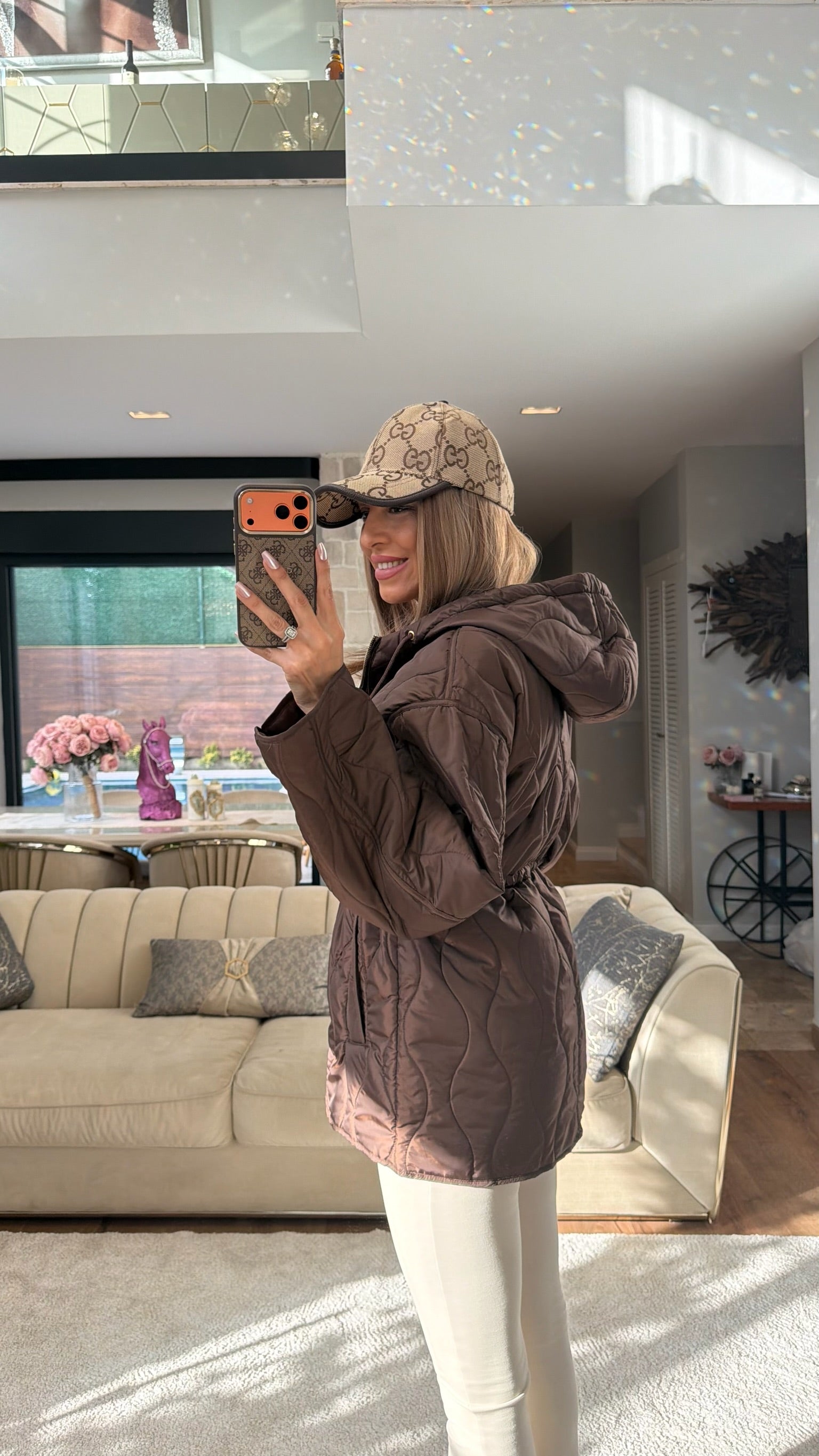 Baklava Desenli Kapüşonlu Şişme Mont Acı Kahve