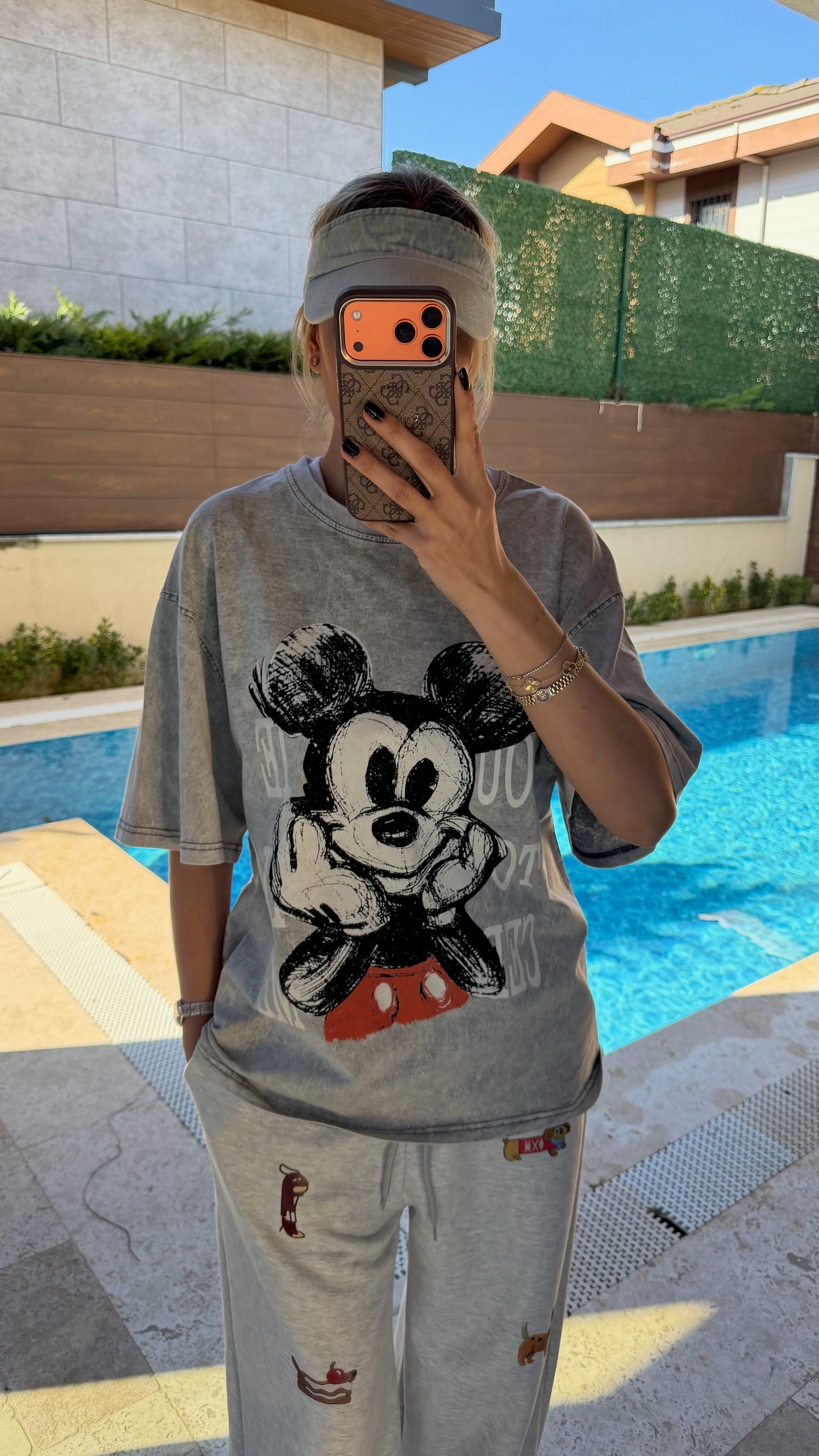 You Miki Desenli Yıkamalı Oversize Tişört Gri