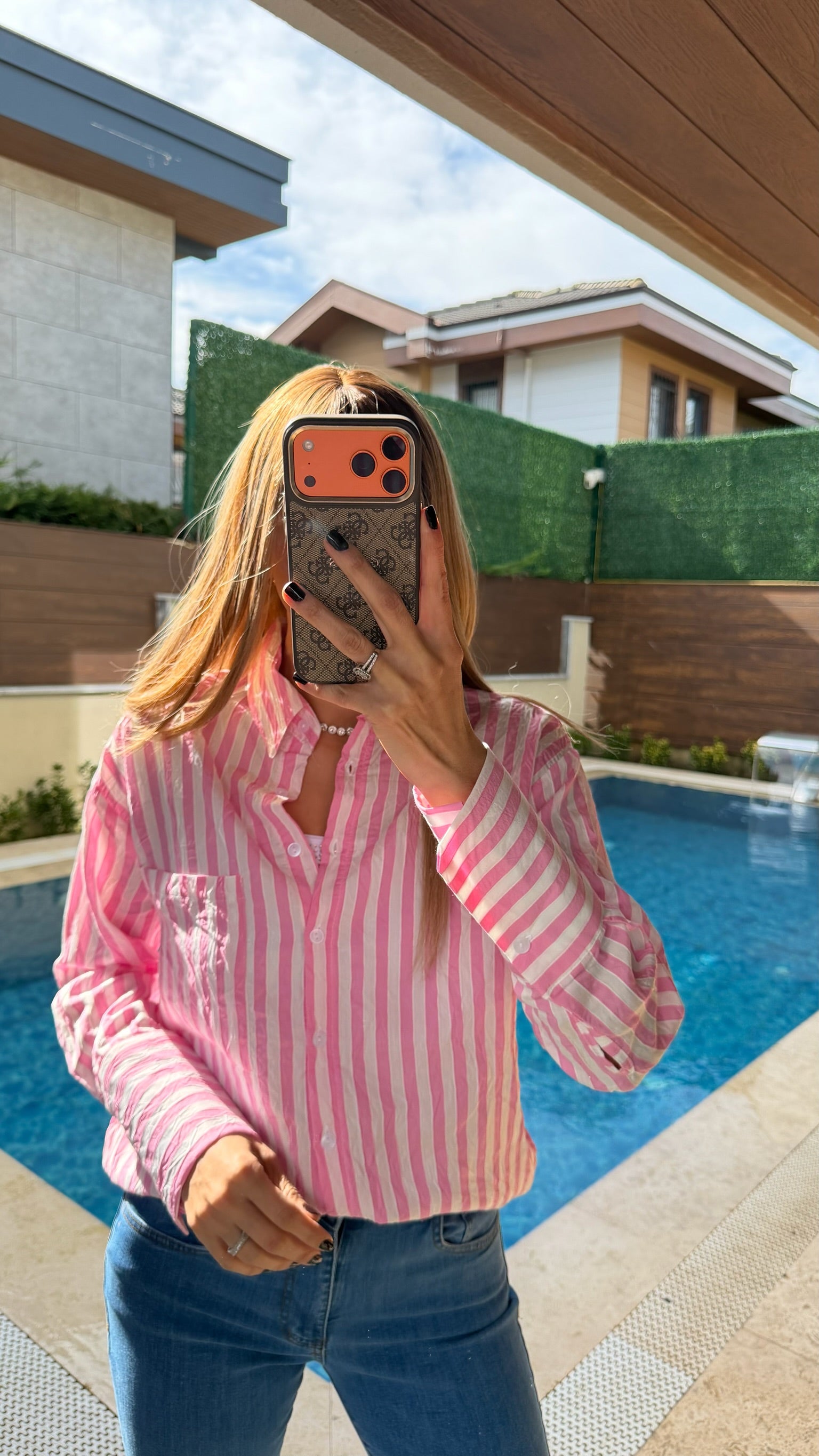 Kalın Çizgili Uzun Kol Gömlek Pembe