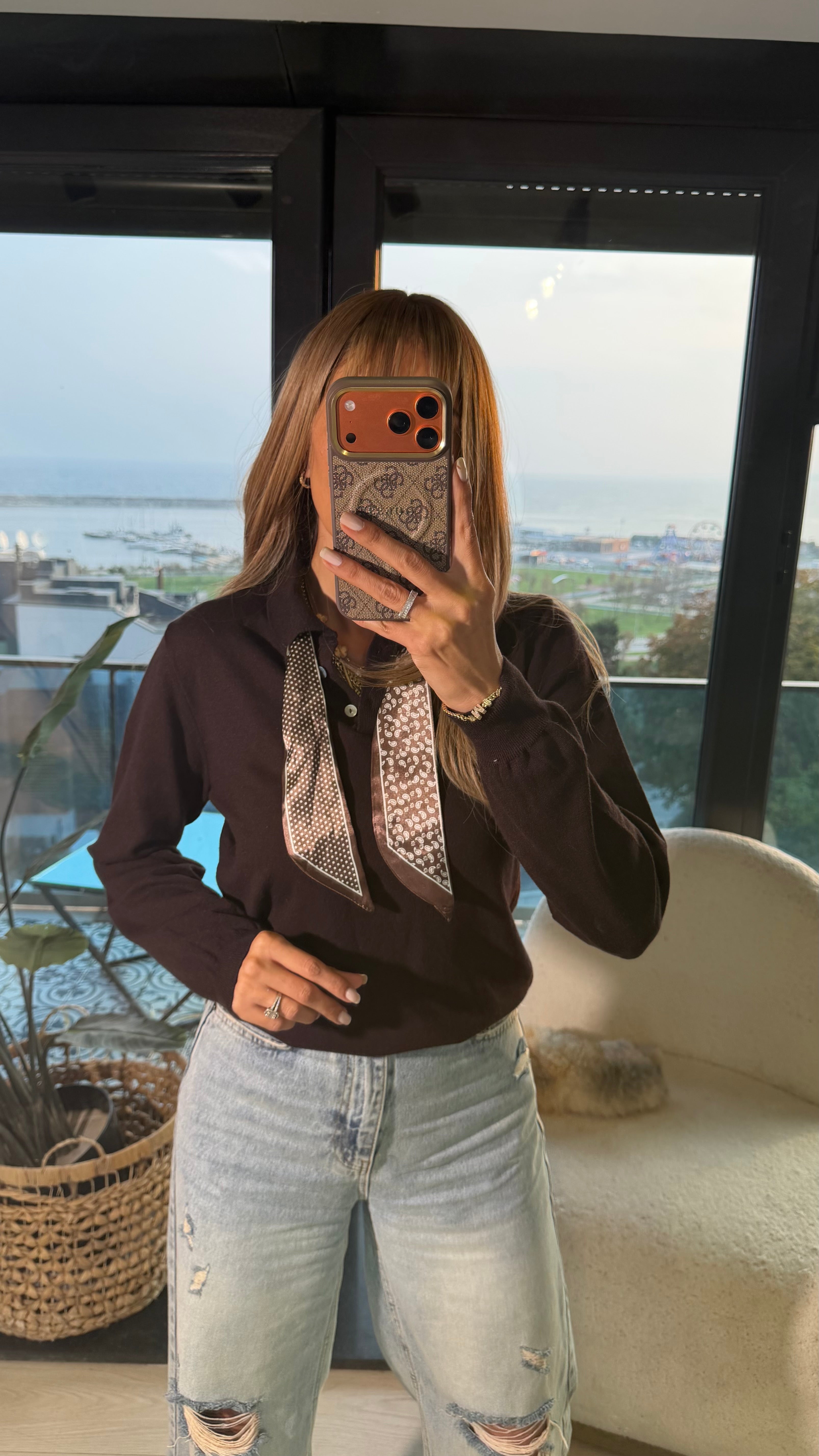 Polo Yaka Fularlı İnce Triko Acı Kahve