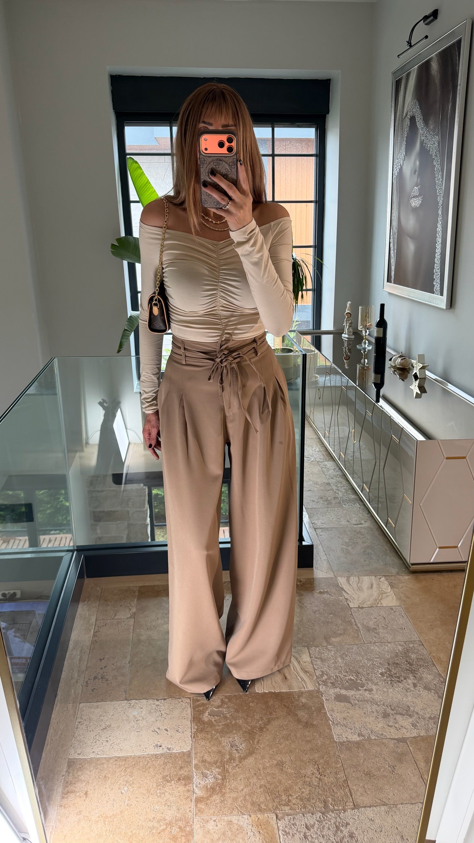 Çift Bağcıklı Kemerli Palazzo Pantolon Bej