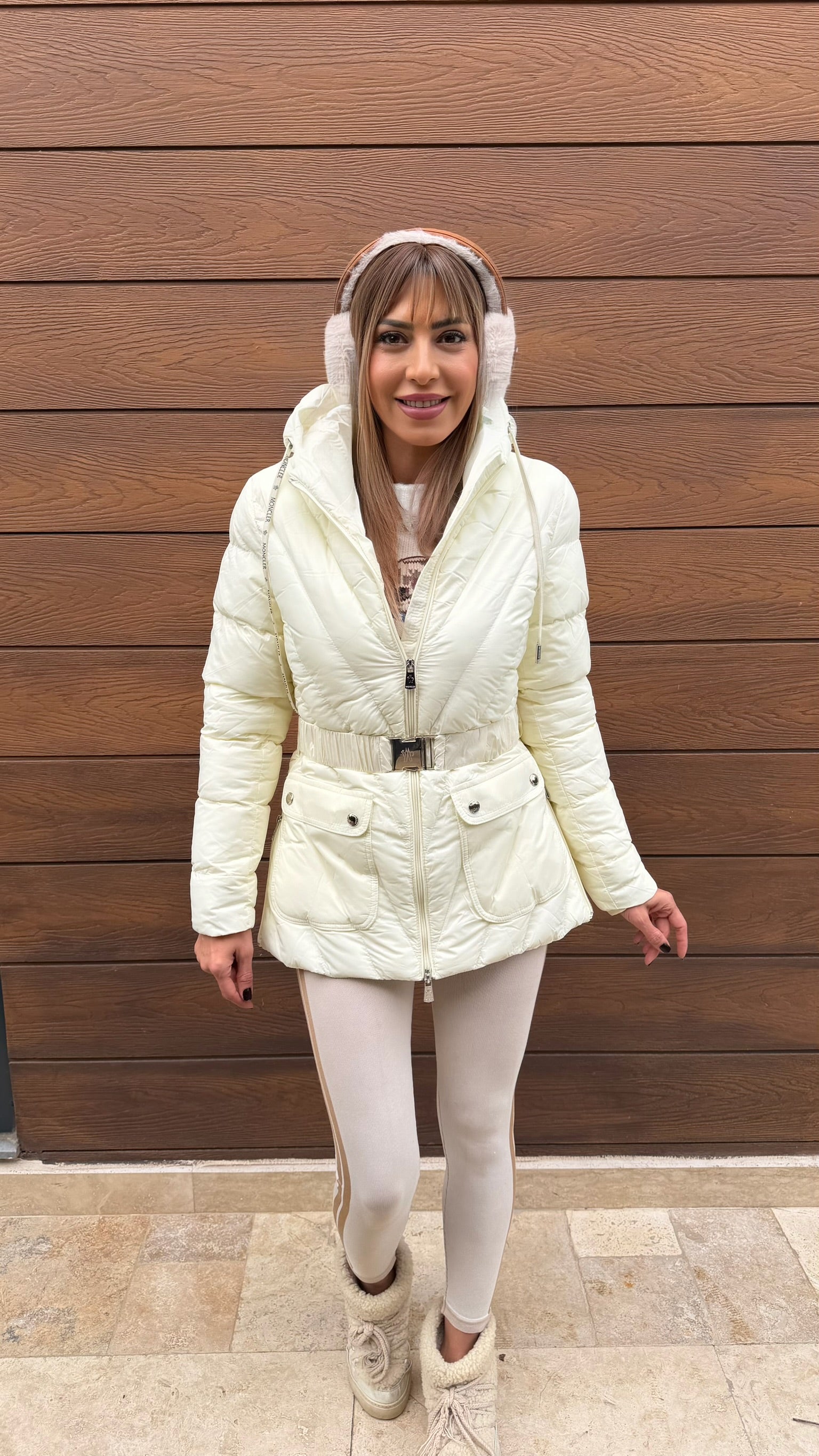 Luxe Kemerli İthal Kaz Tüyü Mont Beyaz