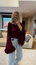 Kolları Püsküllü Triko Crop Bordo