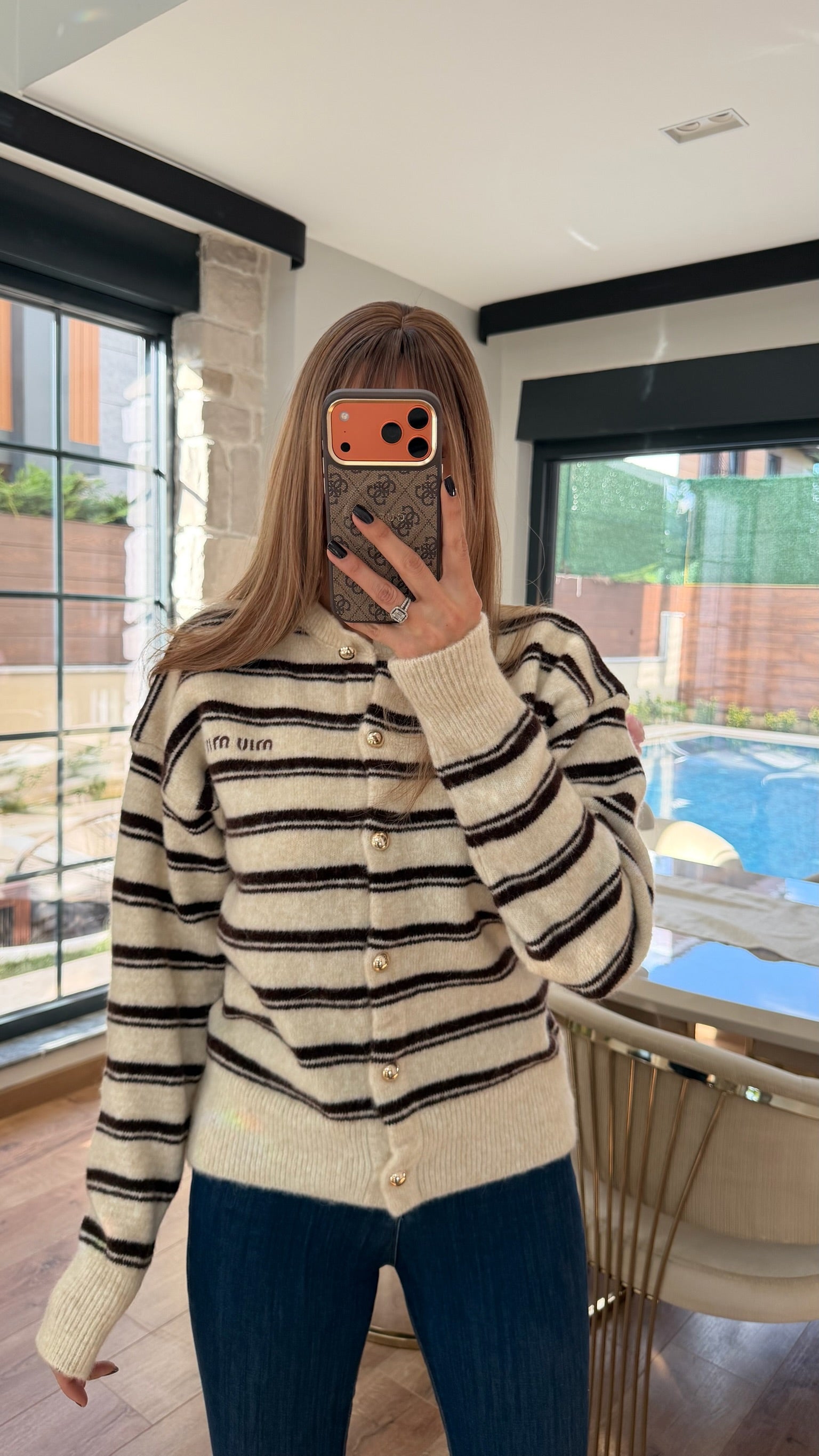 MM Yumoş Gold Düğmeli Şeritli Hırka Ekru