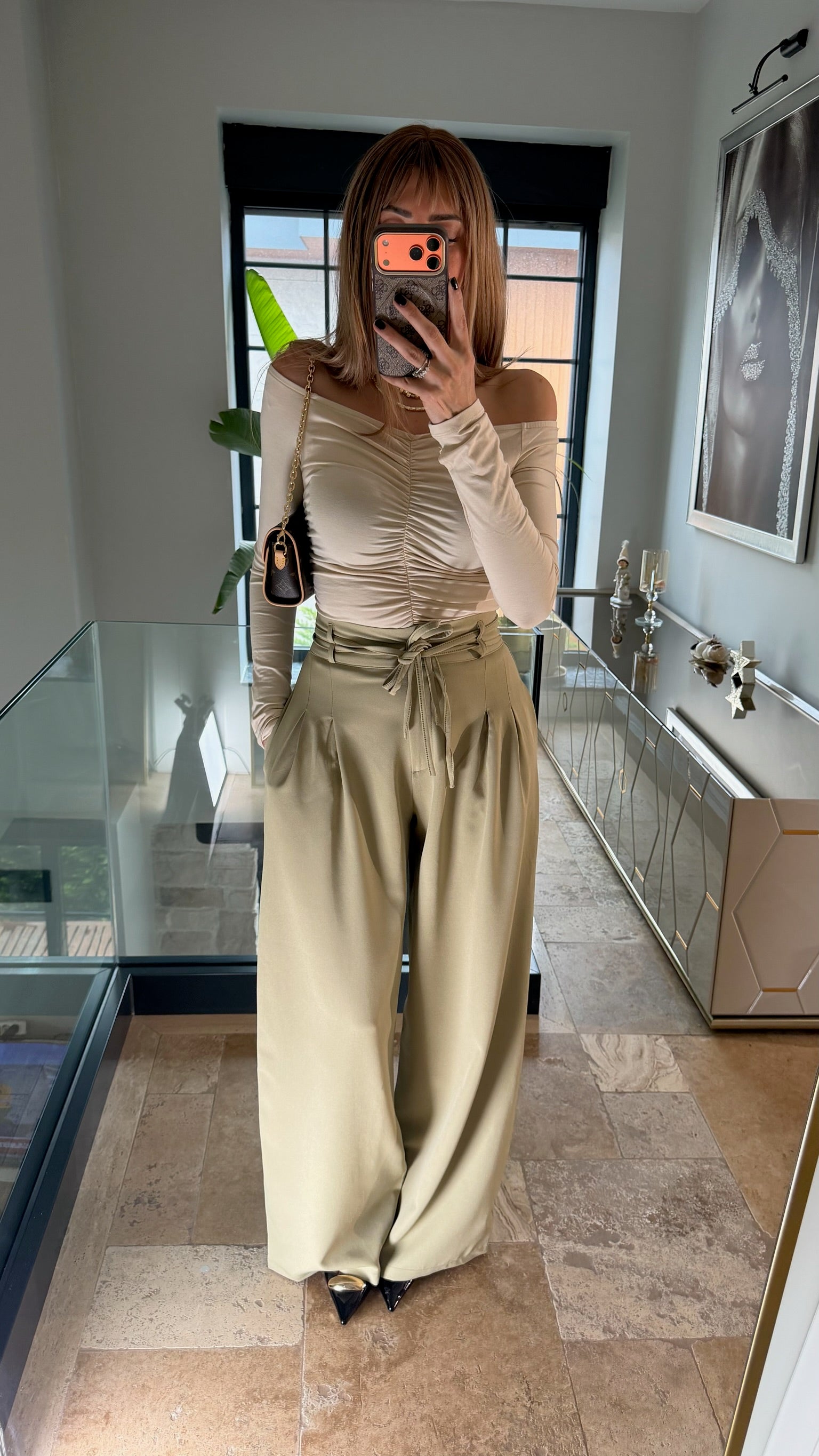 Çift Bağcıklı Kemerli Palazzo Pantolon Haki