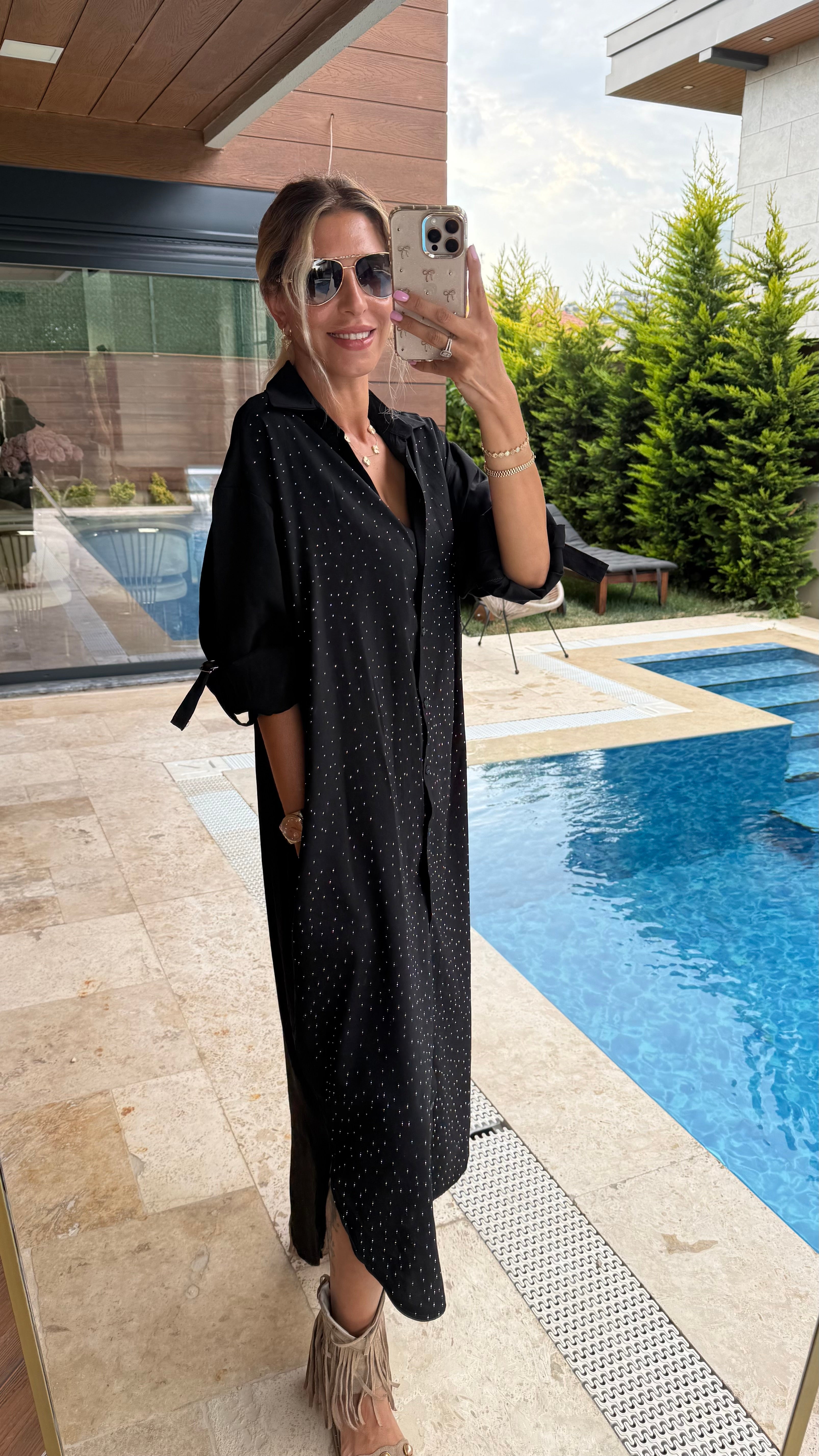 Woal Taş Detaylı Siyah Gömlek Elbise