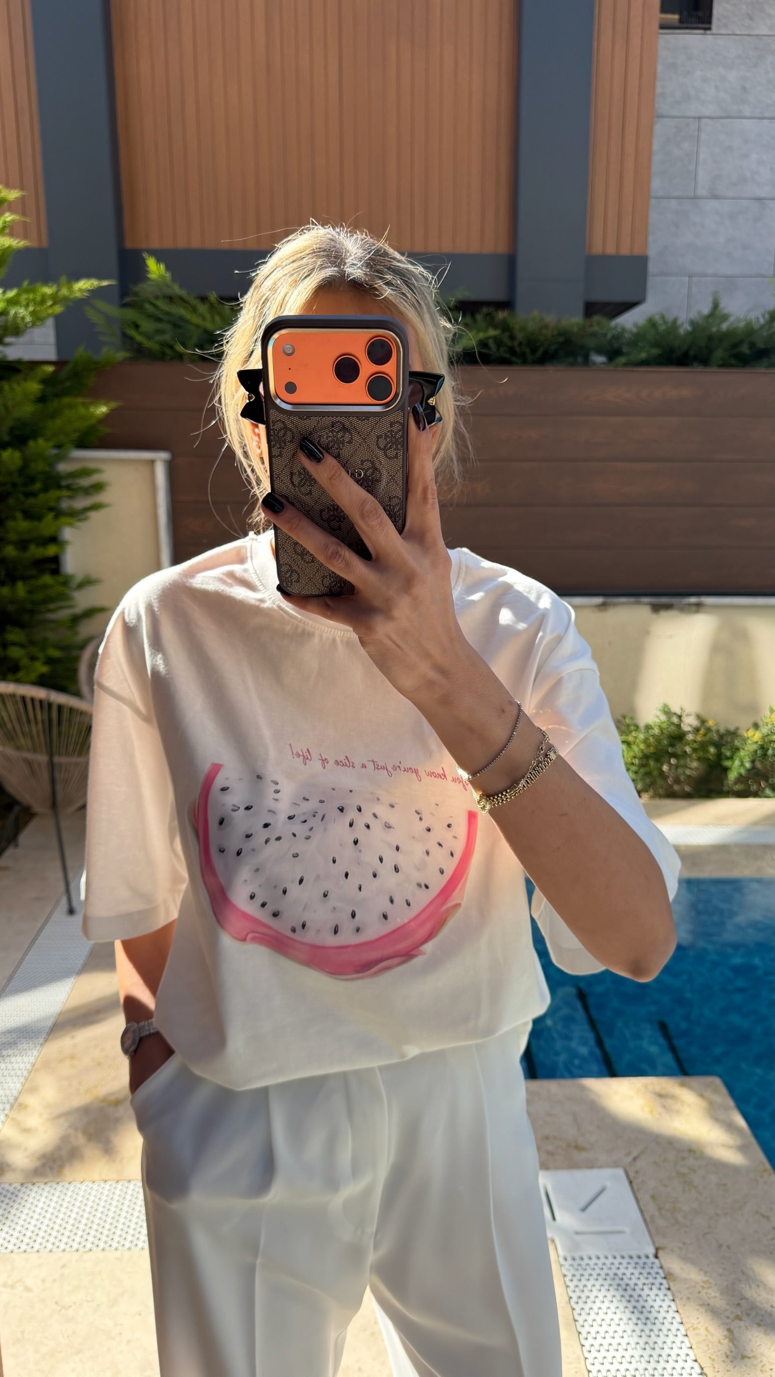 Meyve Baskılı Oversize Tişört Beyaz