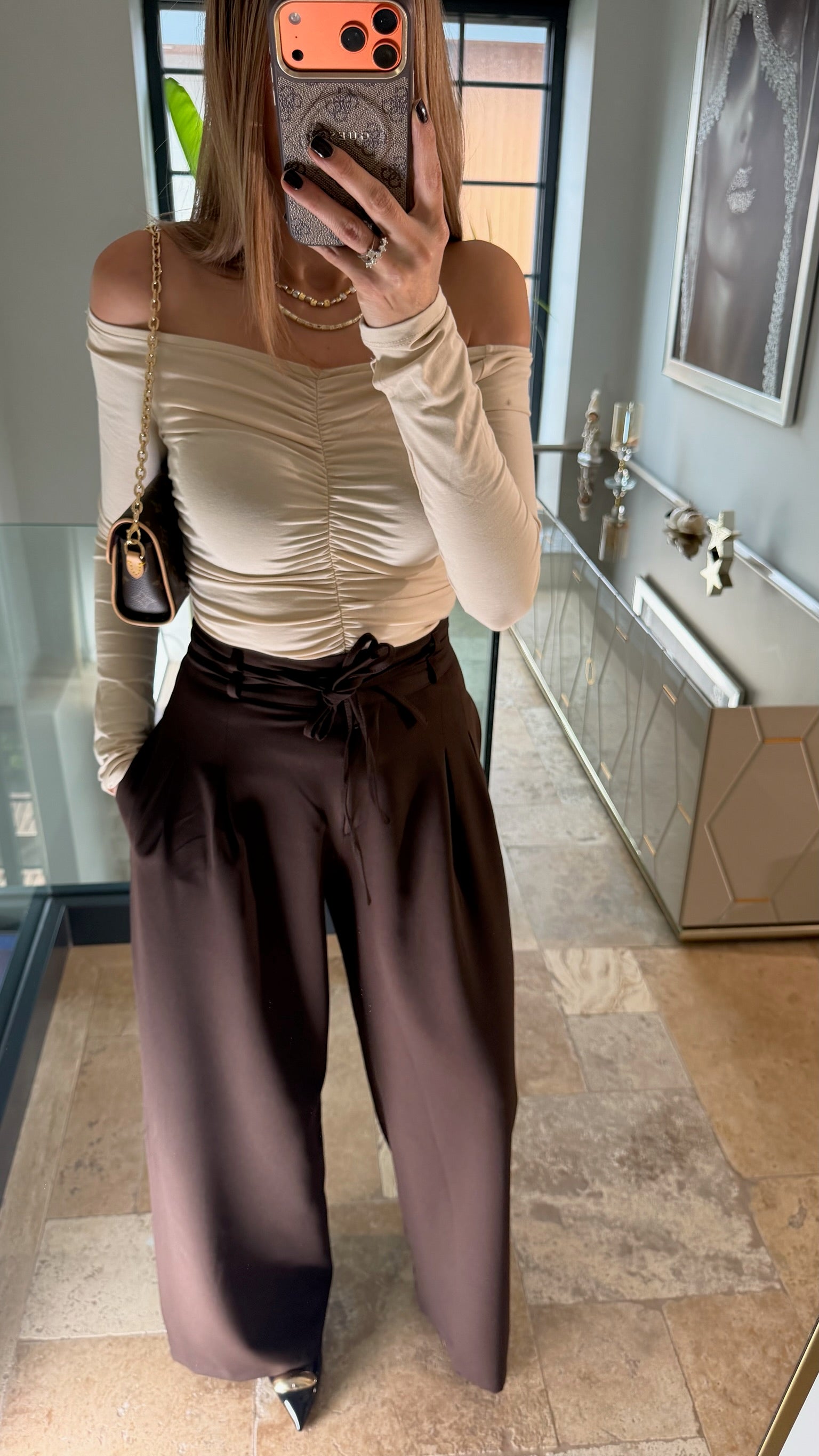 Çift Bağcıklı Kemerli Palazzo Pantolon Acı Kahve