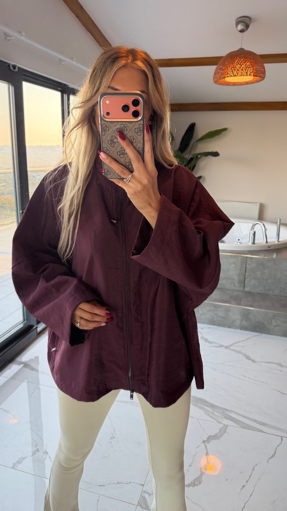Oversize Kapüşonlu Fermuarlı Sweatshirt Ceket Mürdüm