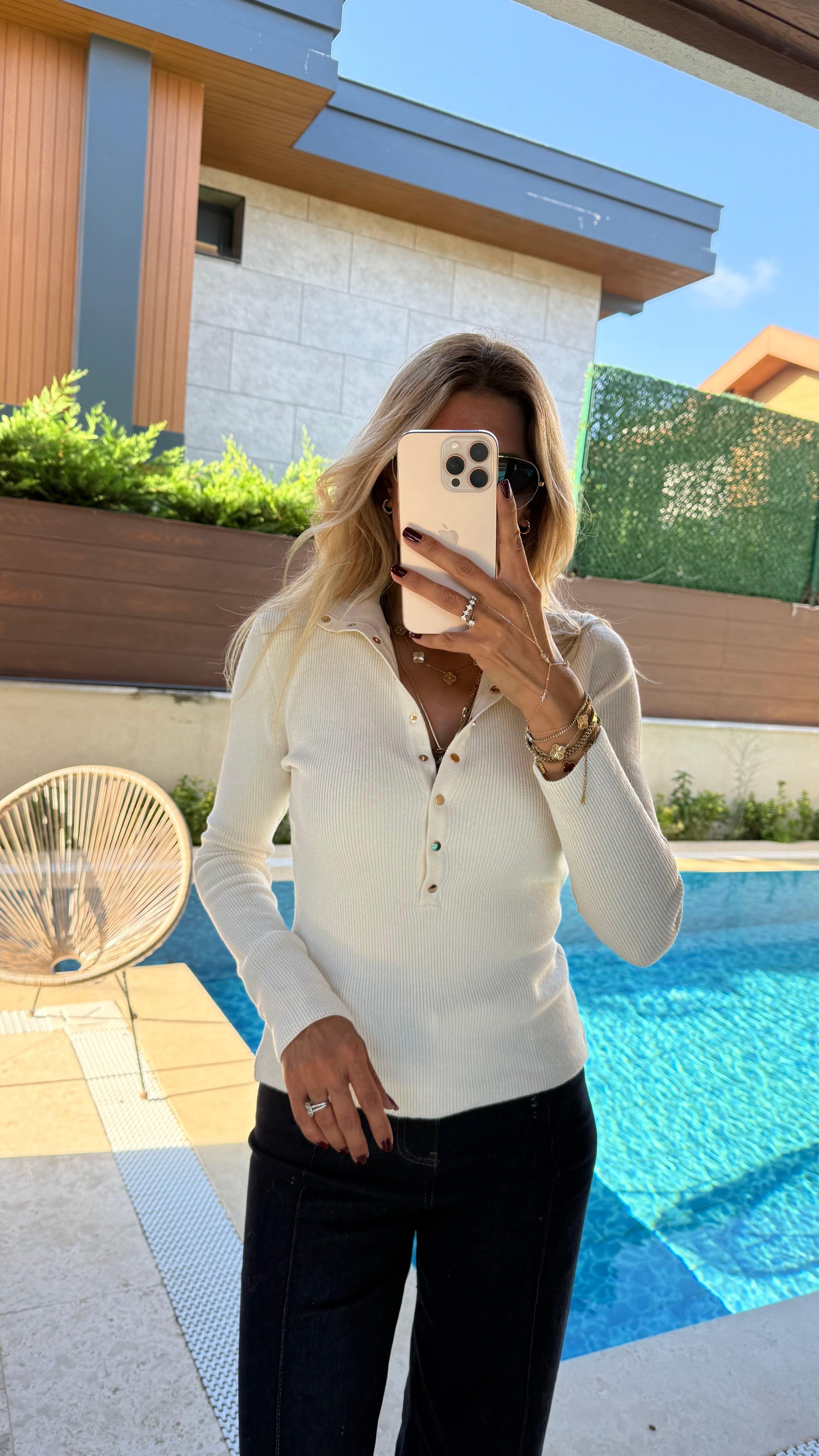 DİLVİN Dik Yaka Çıtçıtlı Triko Kazak Bej