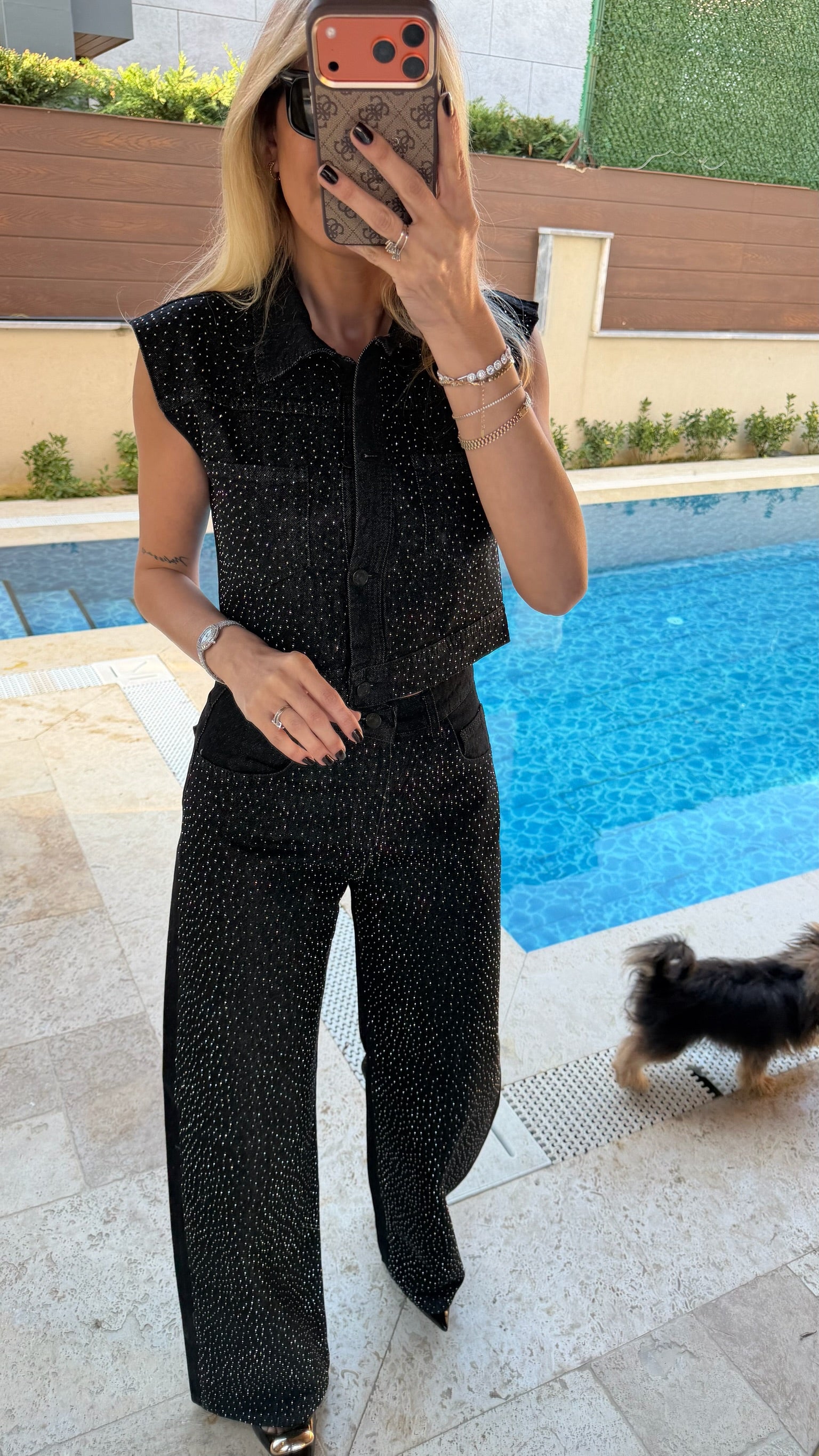 Shine Taş Detaylı Denim Yelek & Pantolon Takım